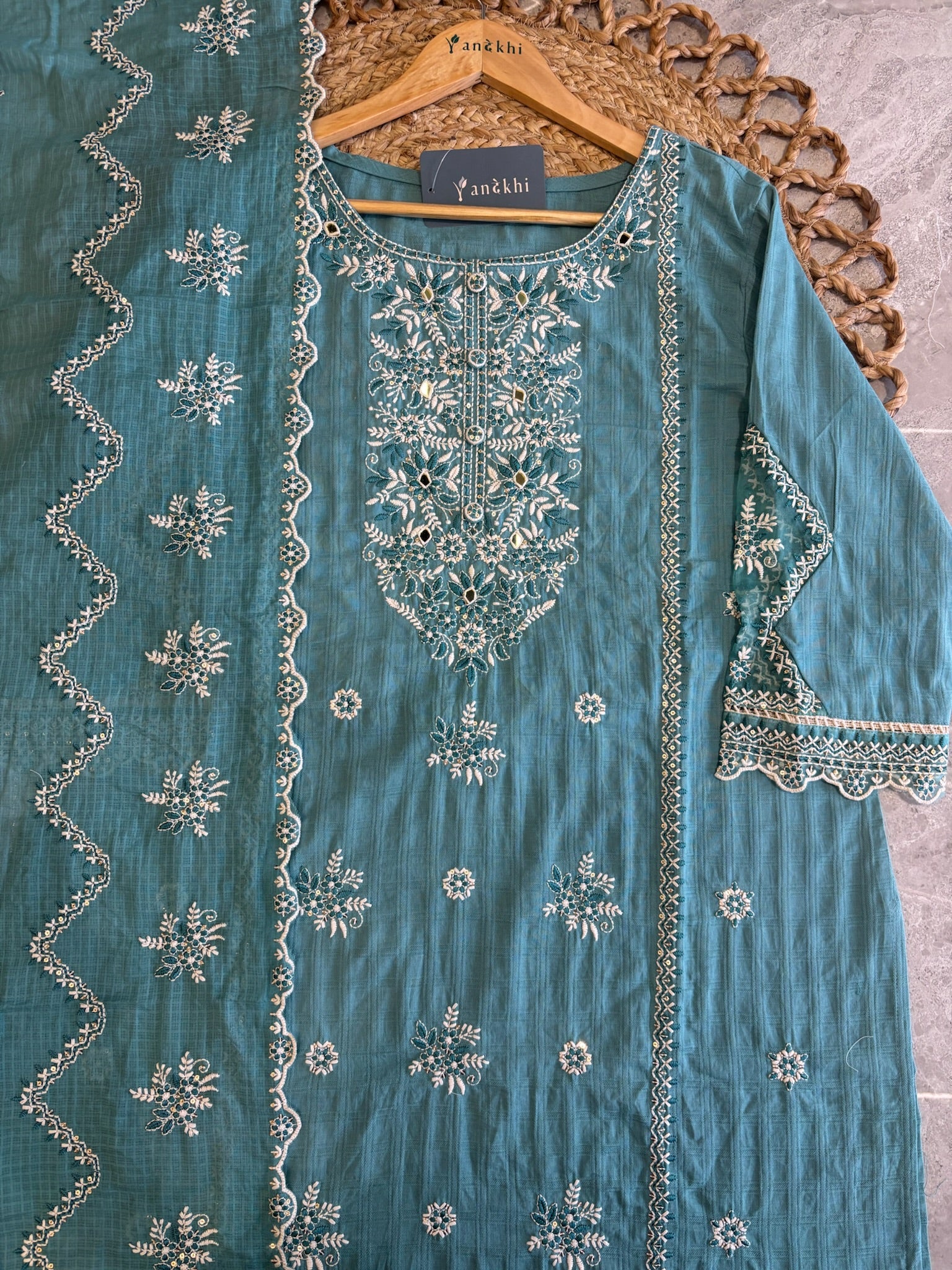 A4015 - Mul Cotton Embroidered suit with Designer Pants & a detailed Heavy Dupatta.