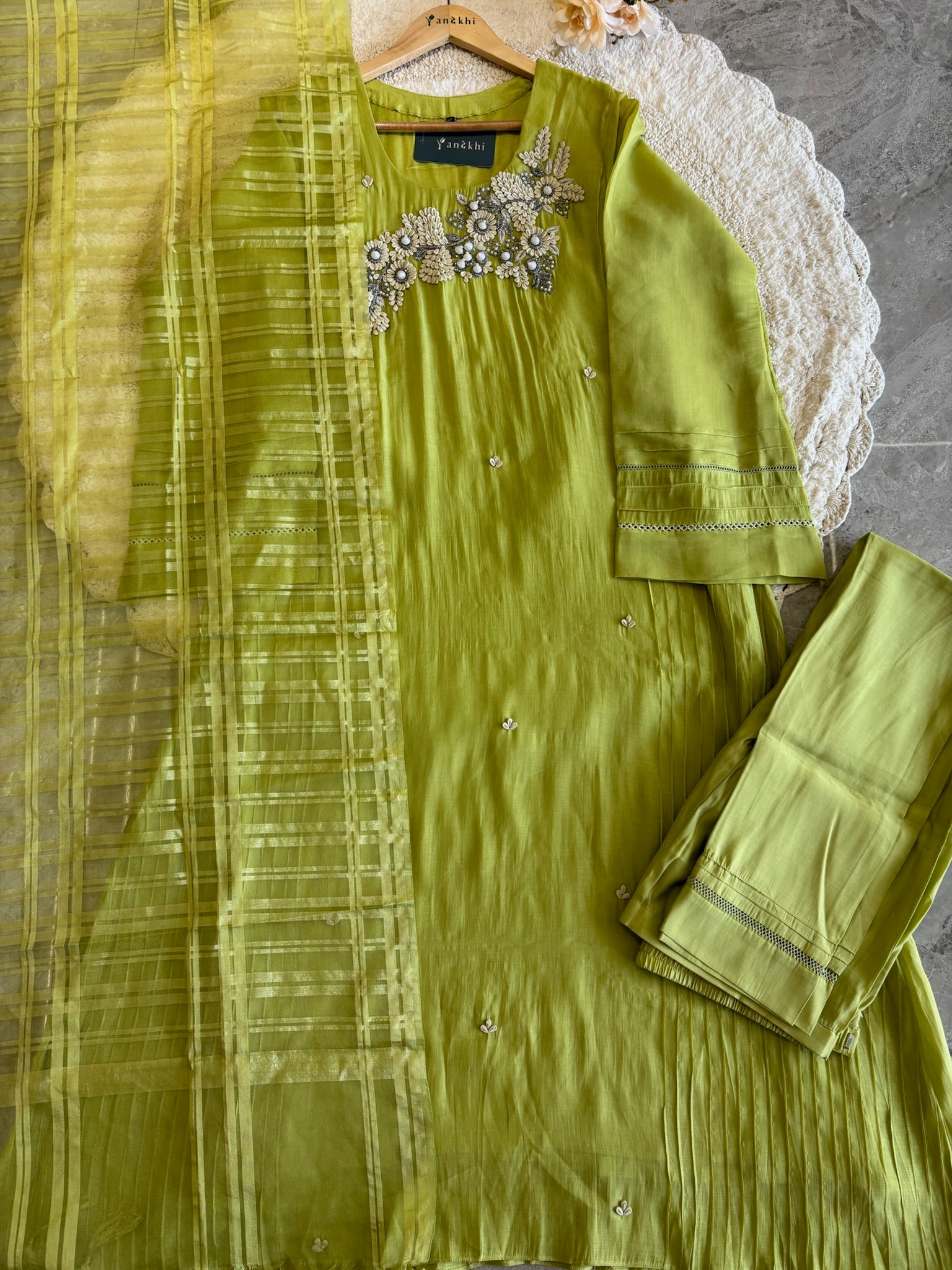 A1664 -Pure Mul Chanderi A-Line Suit featuring 3D Floral Handwork on the Neckline, paired with Pants & Organza Dupatta.