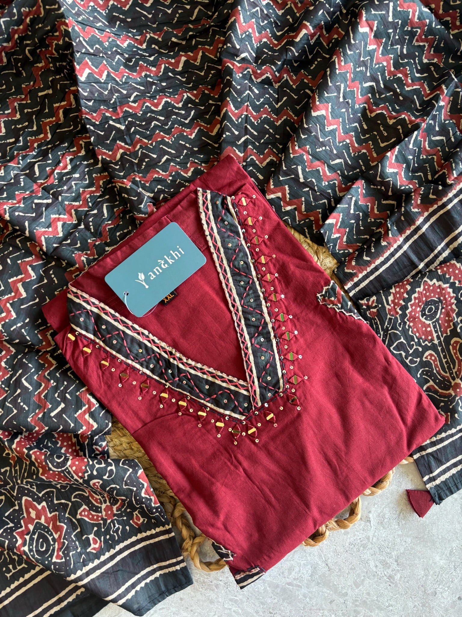 A4057 - Pure Cotton Kurti with Patchwork Details Printed Dupatta & Pants.