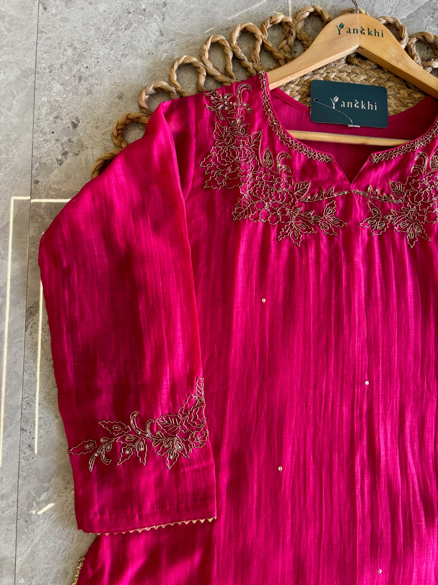 A4147- Mul Chanderi suit with Hand-Embroidered Zardozi detailing, paired with matching Pants & Dupatta.