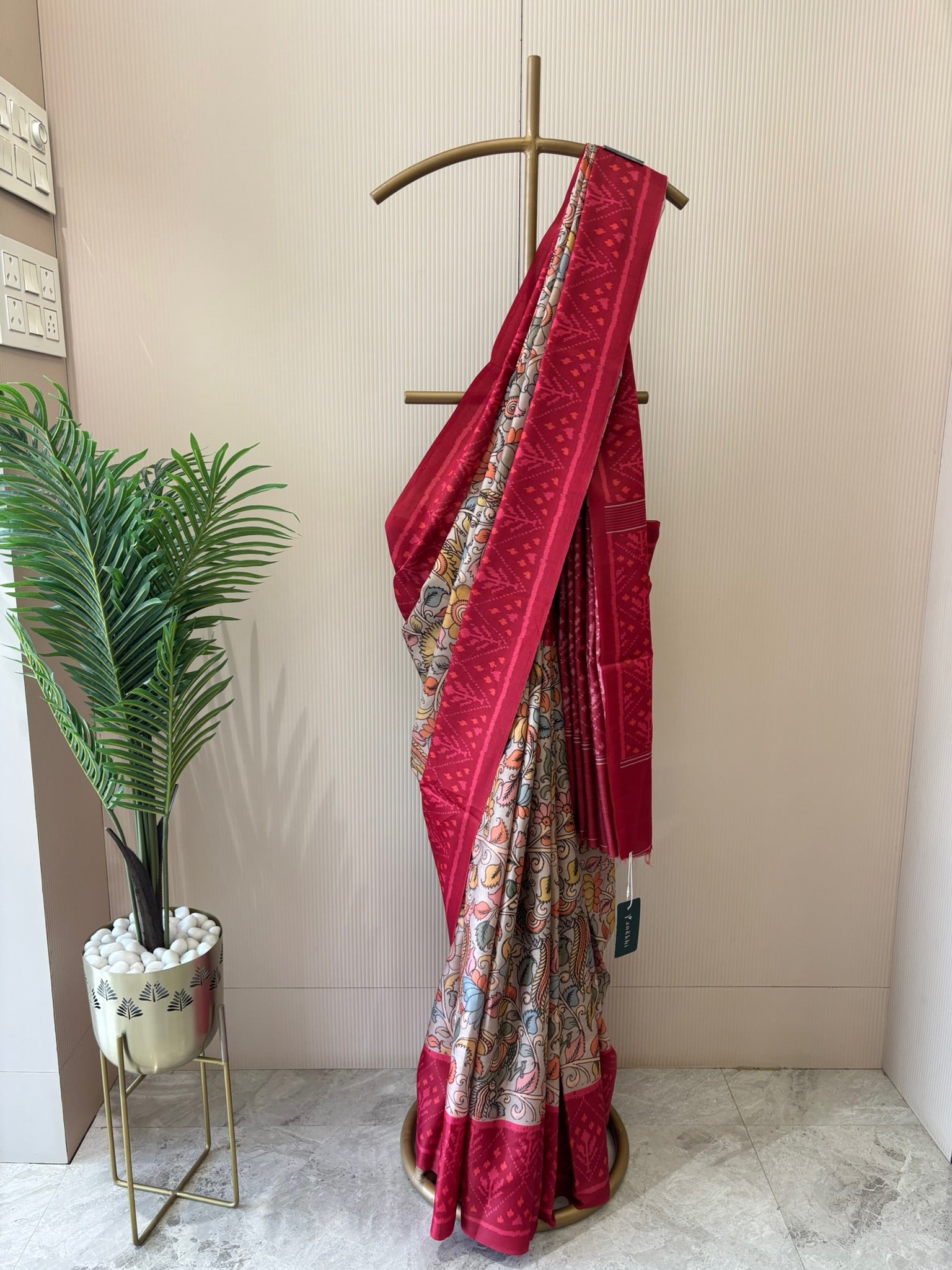 A1397 - Heritage Kalamkari Silk Saree with Contrast Ikat-Style Border