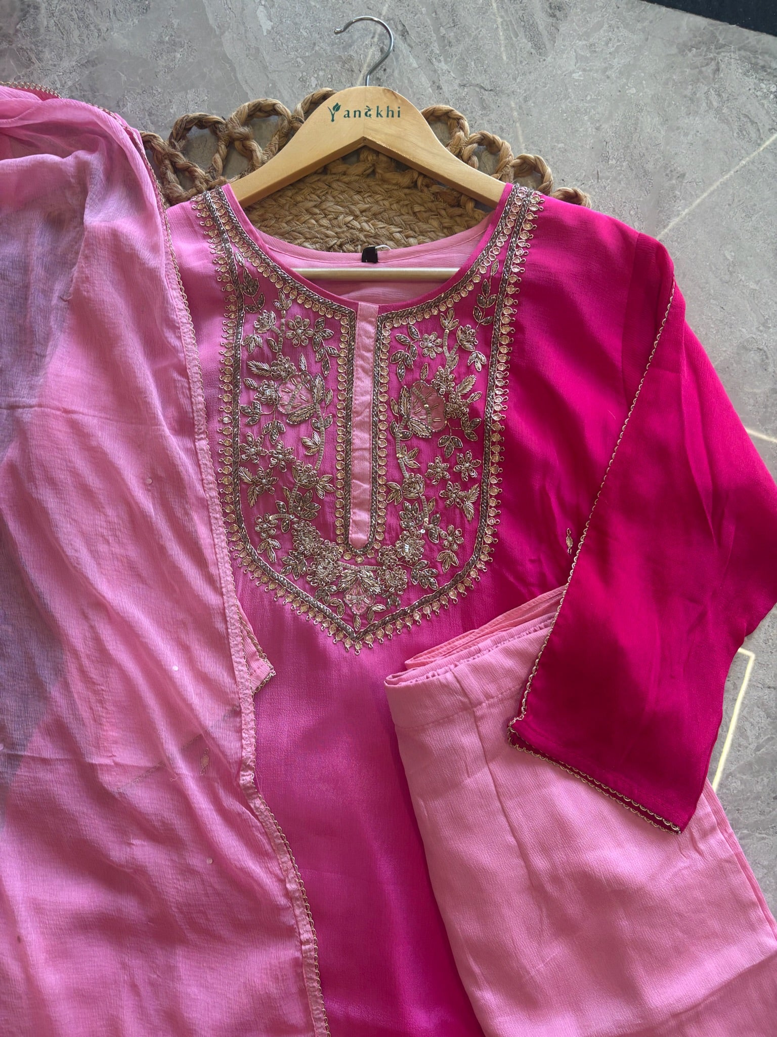 A1092 - Ombre Chinon Suit with Handwork Yoke Pants & Dupatta
