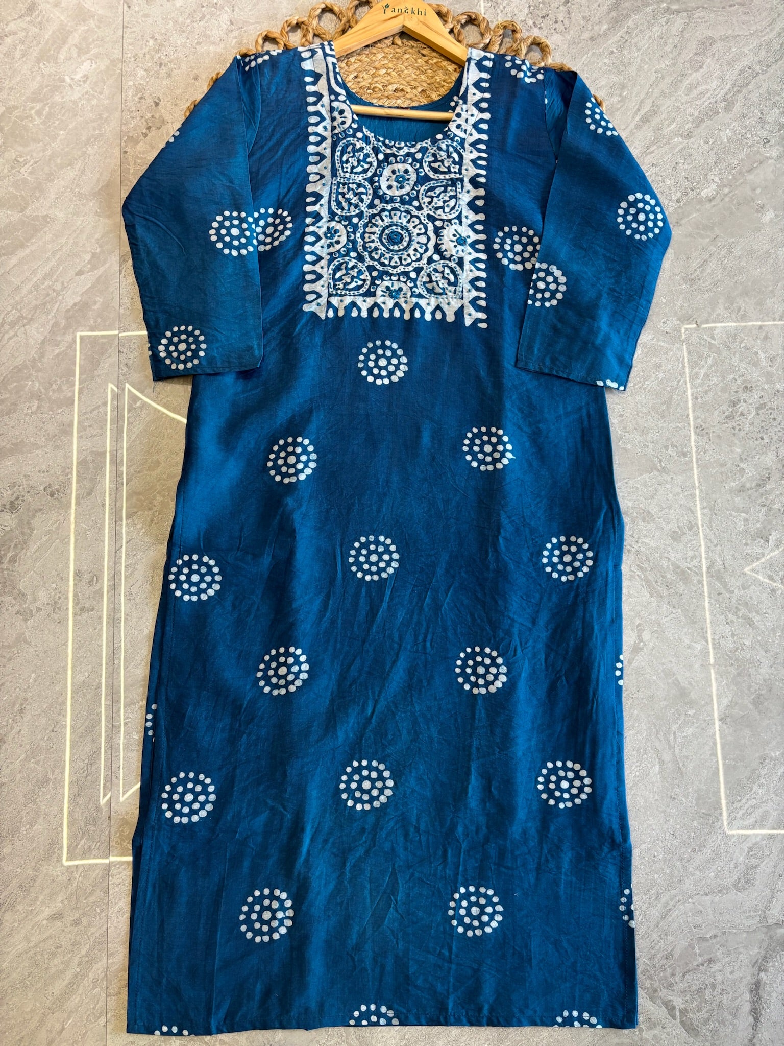 A3903- Hand Block Batik Print Silk Kurti with Pants & Dupatta.