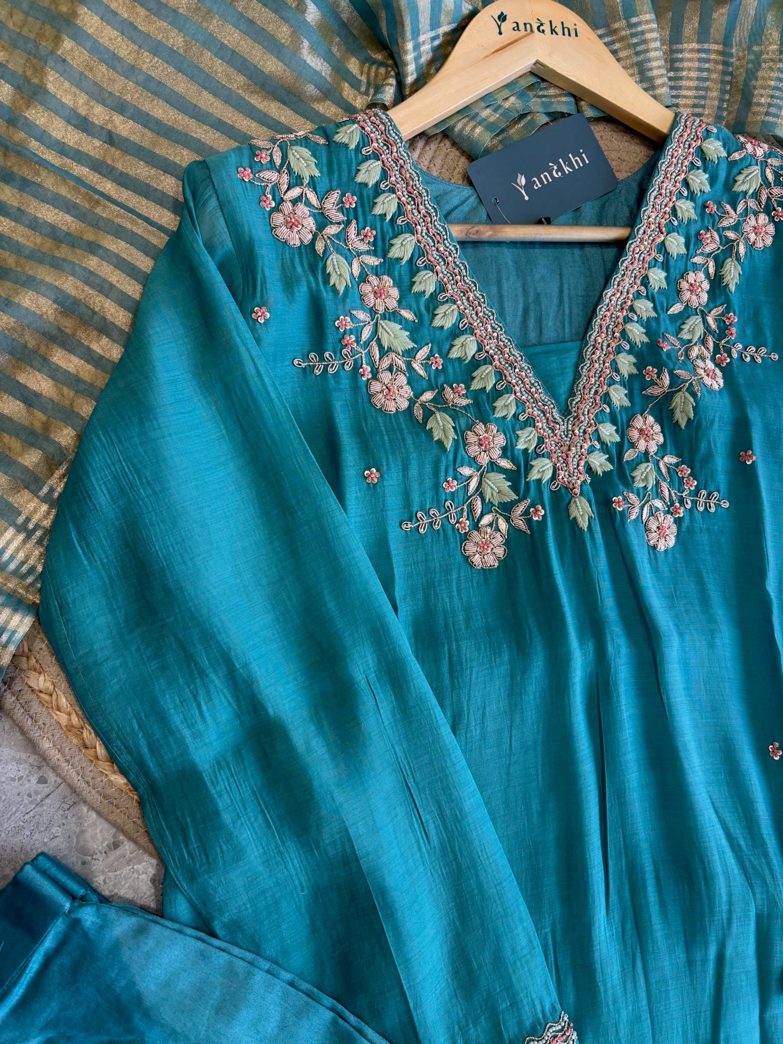 A1665 - Mul Chanderi Kurti with Handwork detailing, Striped Tissue Dupatta & Pants.