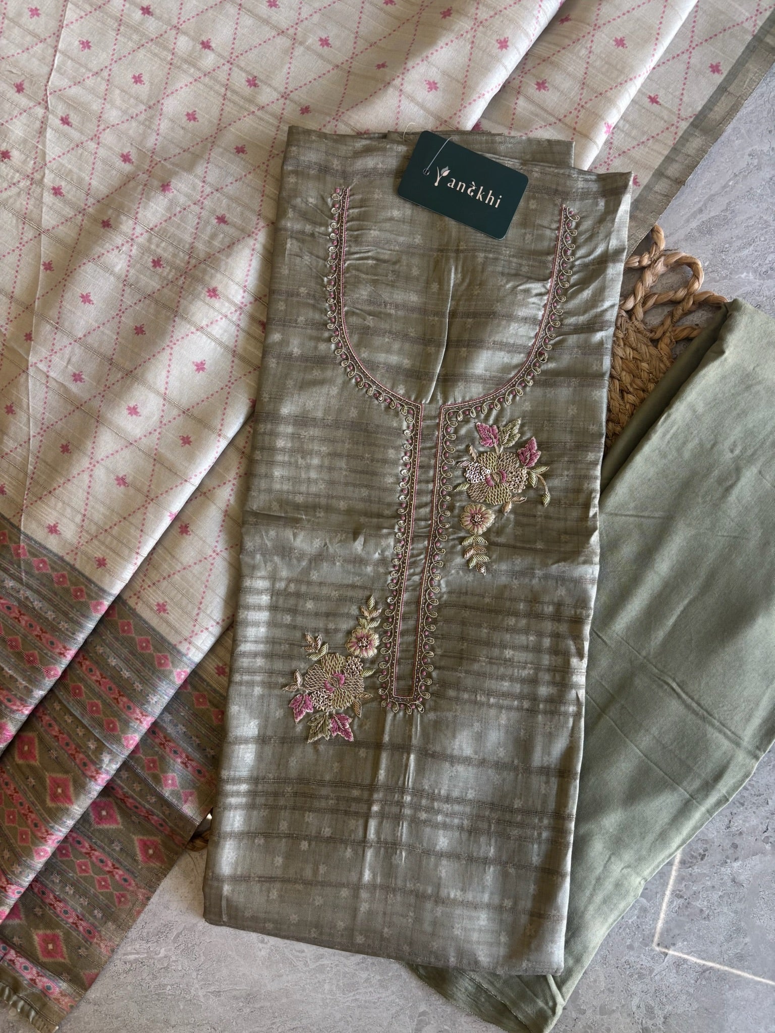 A1180 - Tussar Silk Unstitched Suit with Zardosi Handwork
