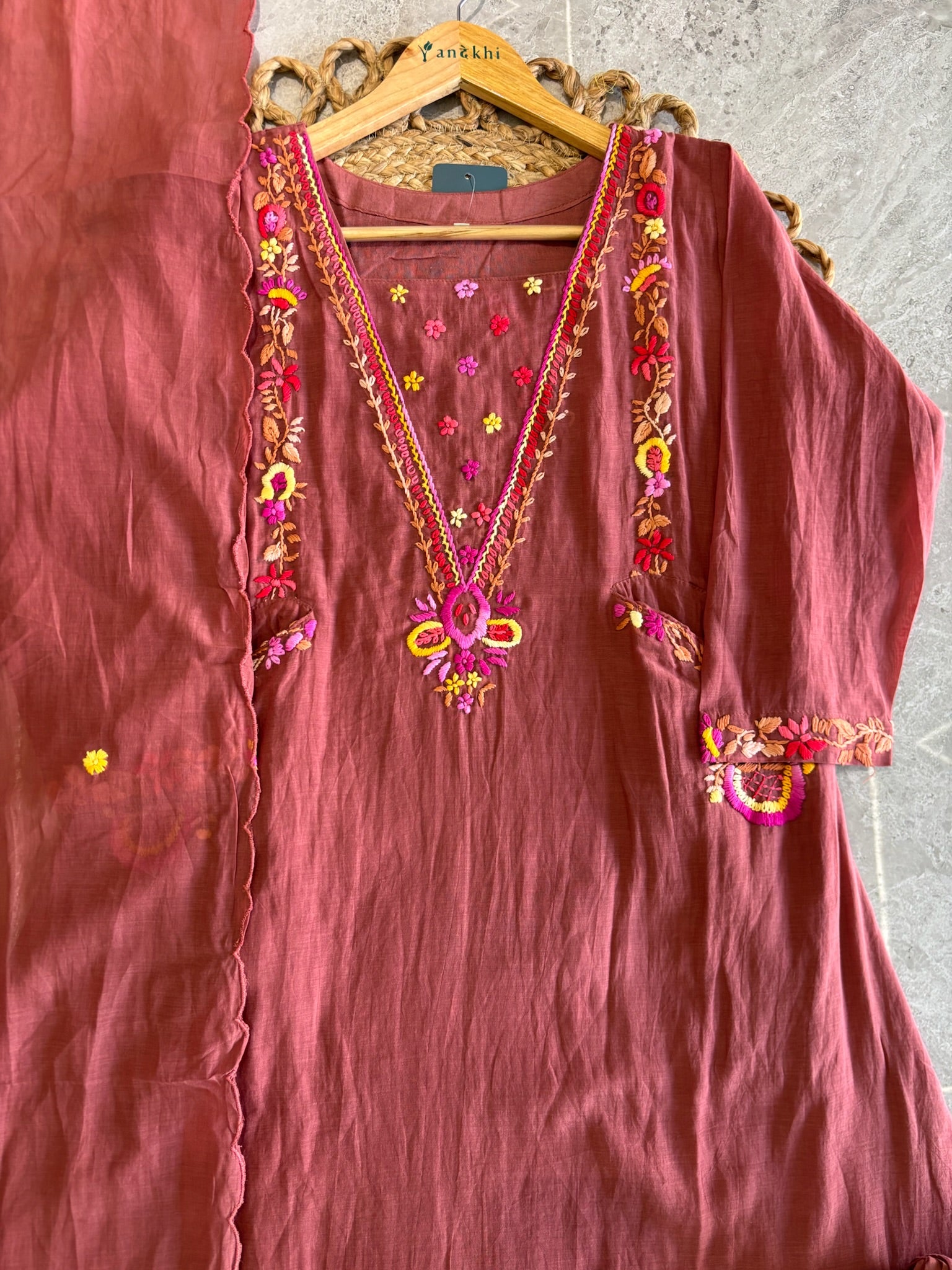 A4143- Mul Chanderi Kurti with vibrant floral Hand-Embroidery & Front Pockets, Pants & scalloped Dupatta.