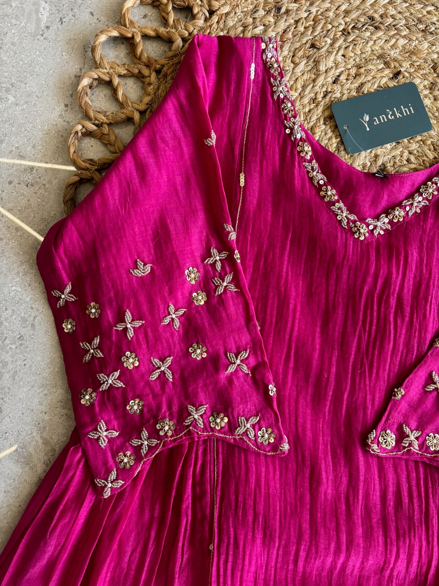 A1629 - Mul Chanderi Kurti with Delicate Hand Embroidery on Neckline & Sleeves with Pants & Dupatta.