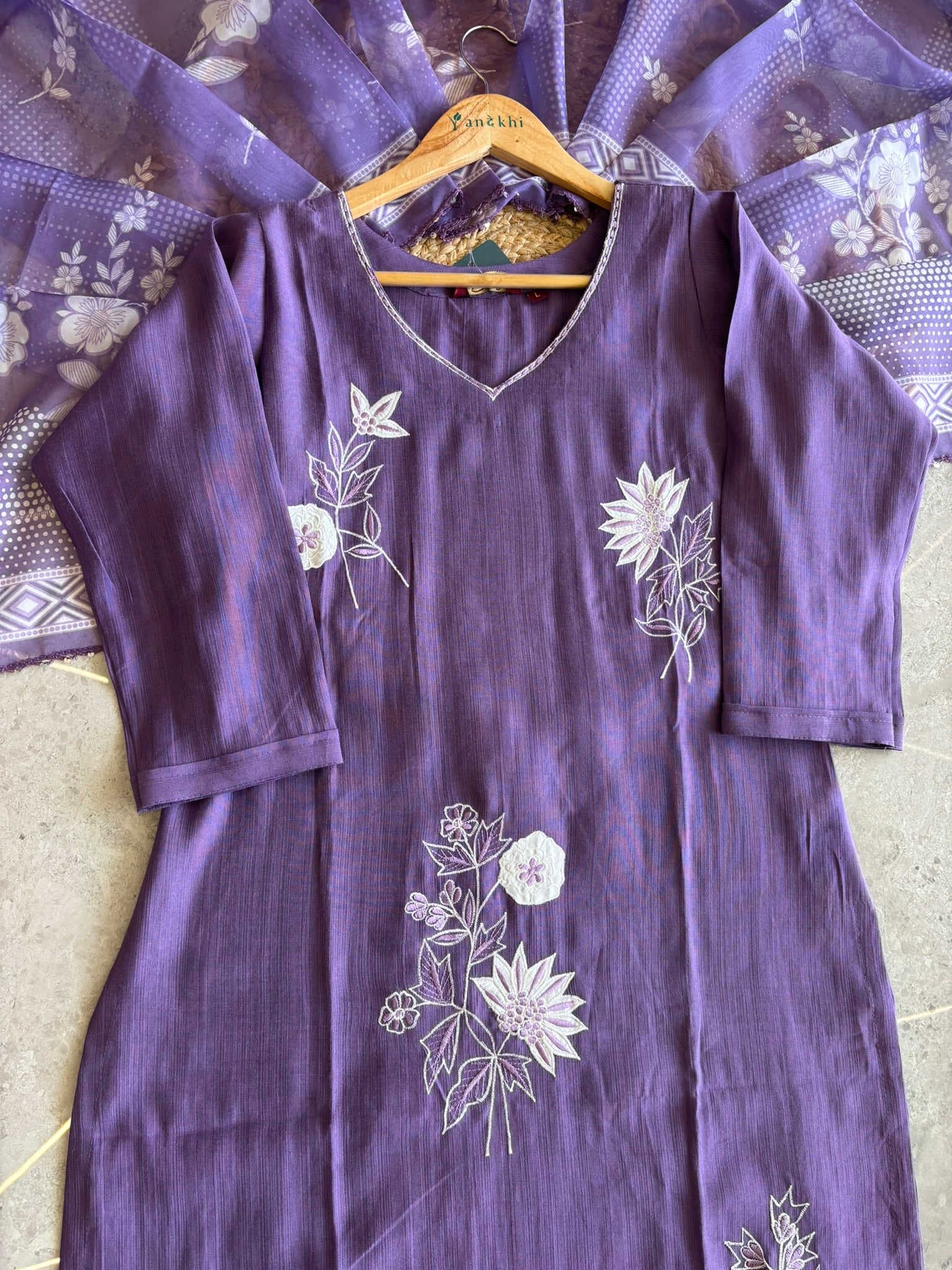 A2714 - Rayon Kurta Set with delicate Patchwork, Hand Embroidery & Printed Organza Dupatta