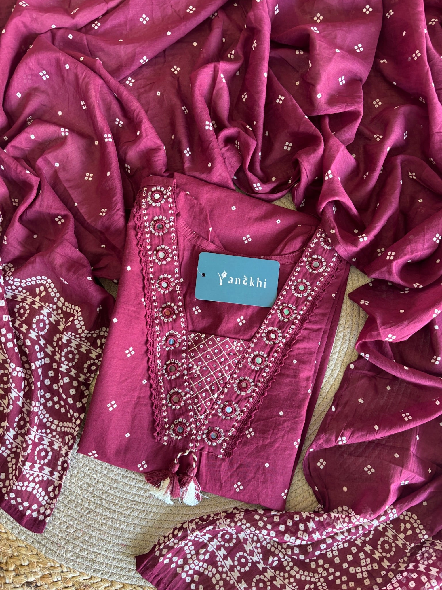 A2850 - Pure Cotton Bandhani Print Kurti with Embroidered Neckline.