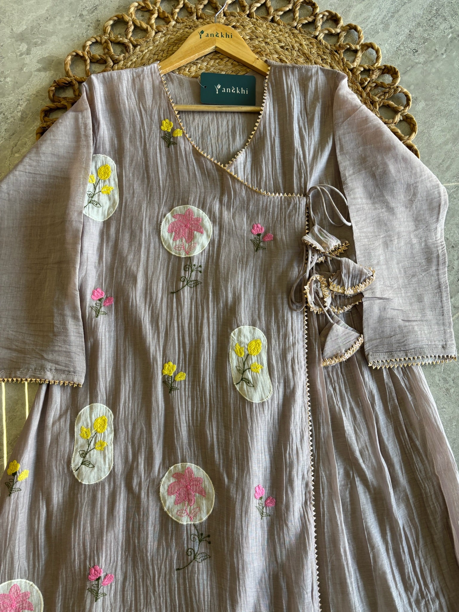 A3964 - Mul Chanderi Angrakha Suit set with delicate Embroidery, Paired with Pants and Dupatta.