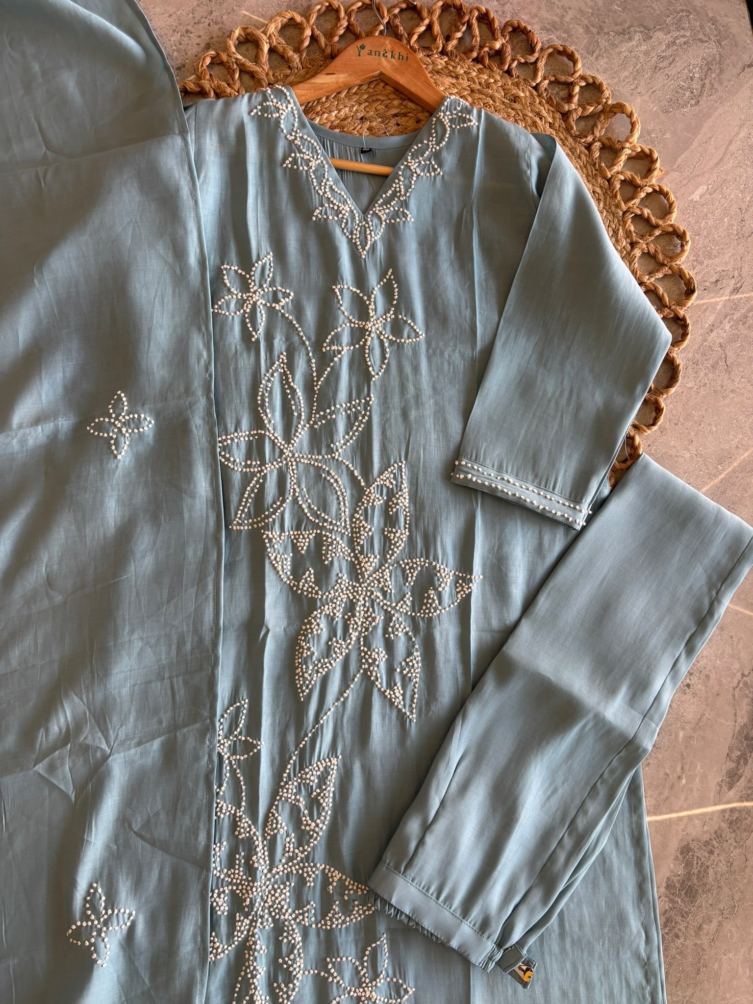 A2849 - Chanderi Silk Kurti with delicate Hand Embroidery, Pants & Dupatta.