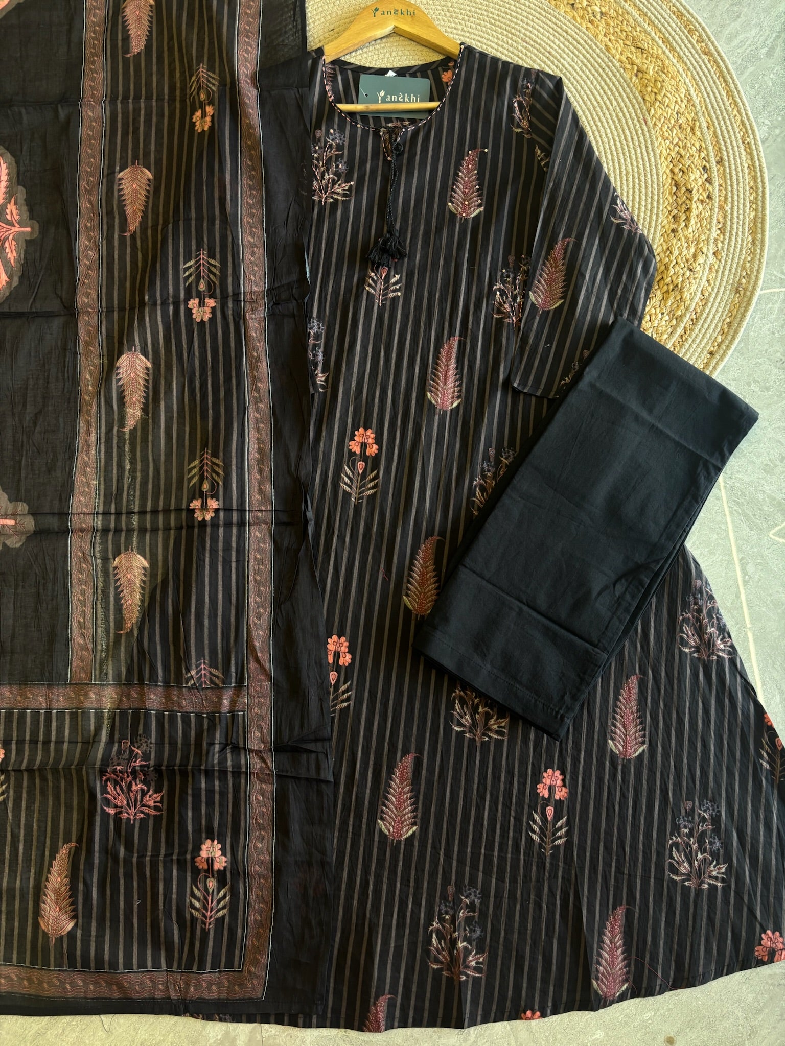 A4019- Pure Cotton A-Line Suit with Elegant Striped Patterns, Delicate Floral Prints, with Pants & Dupatta.