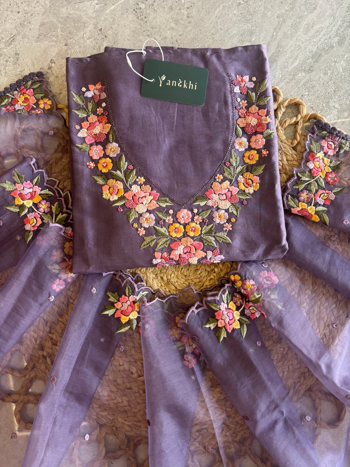 A1473 - Mul Cotton Unstitched Suit with 3D Floral Embroidery.
