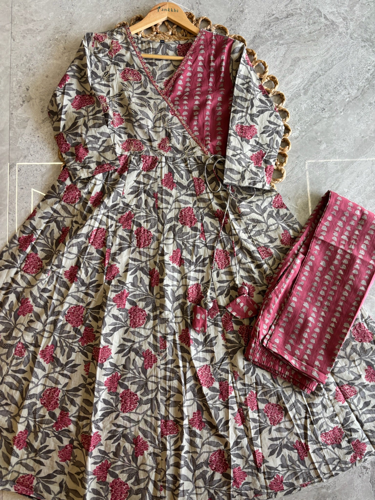 A3978- Pure Cotton Angarkha-style Anarkali Suit featuring Floral & Geometric prints, with Pants & Dupatta.