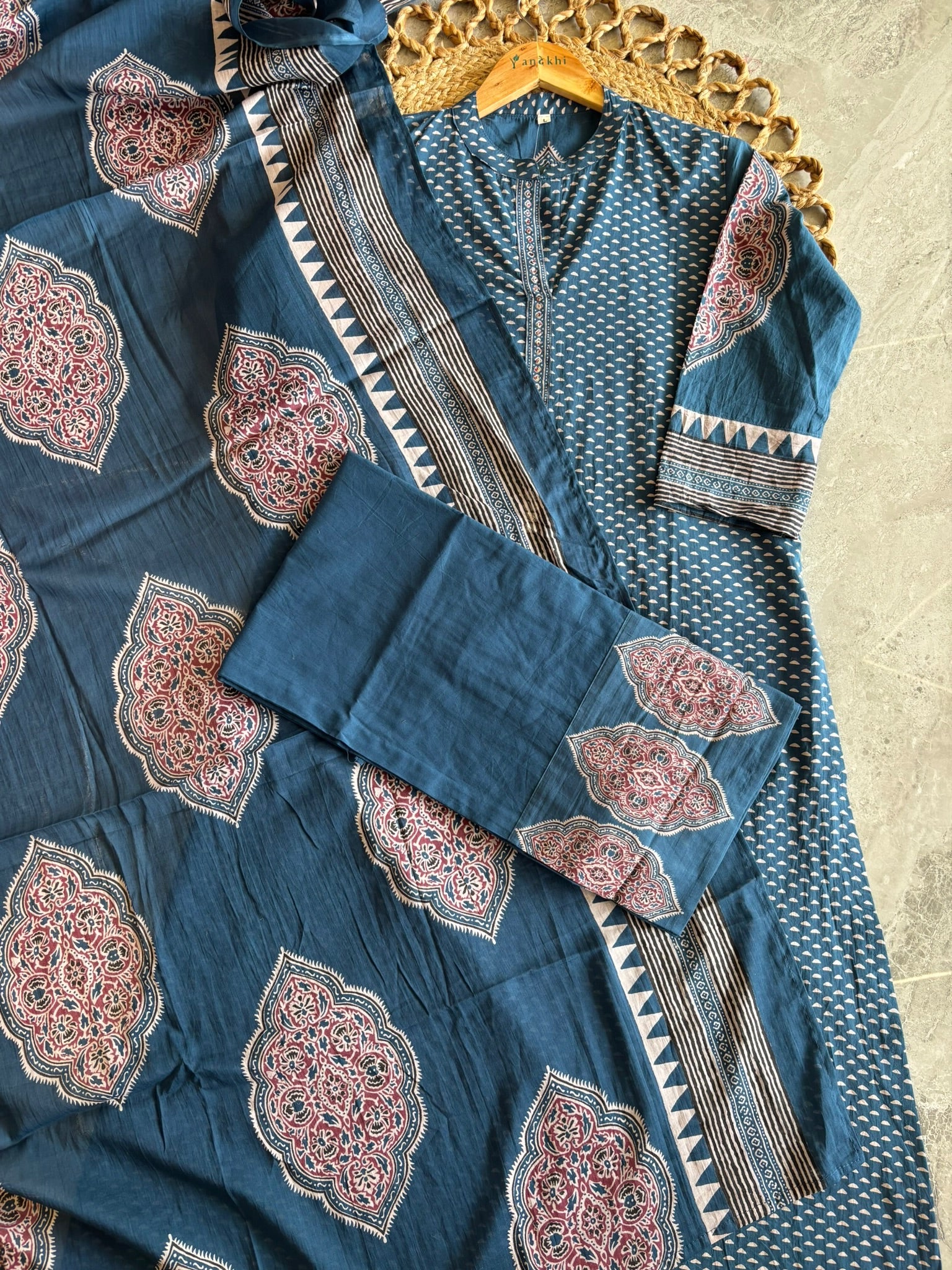 A2852 - Indigo Kurta Pant Set with Hand Block Print & Statement Borders.