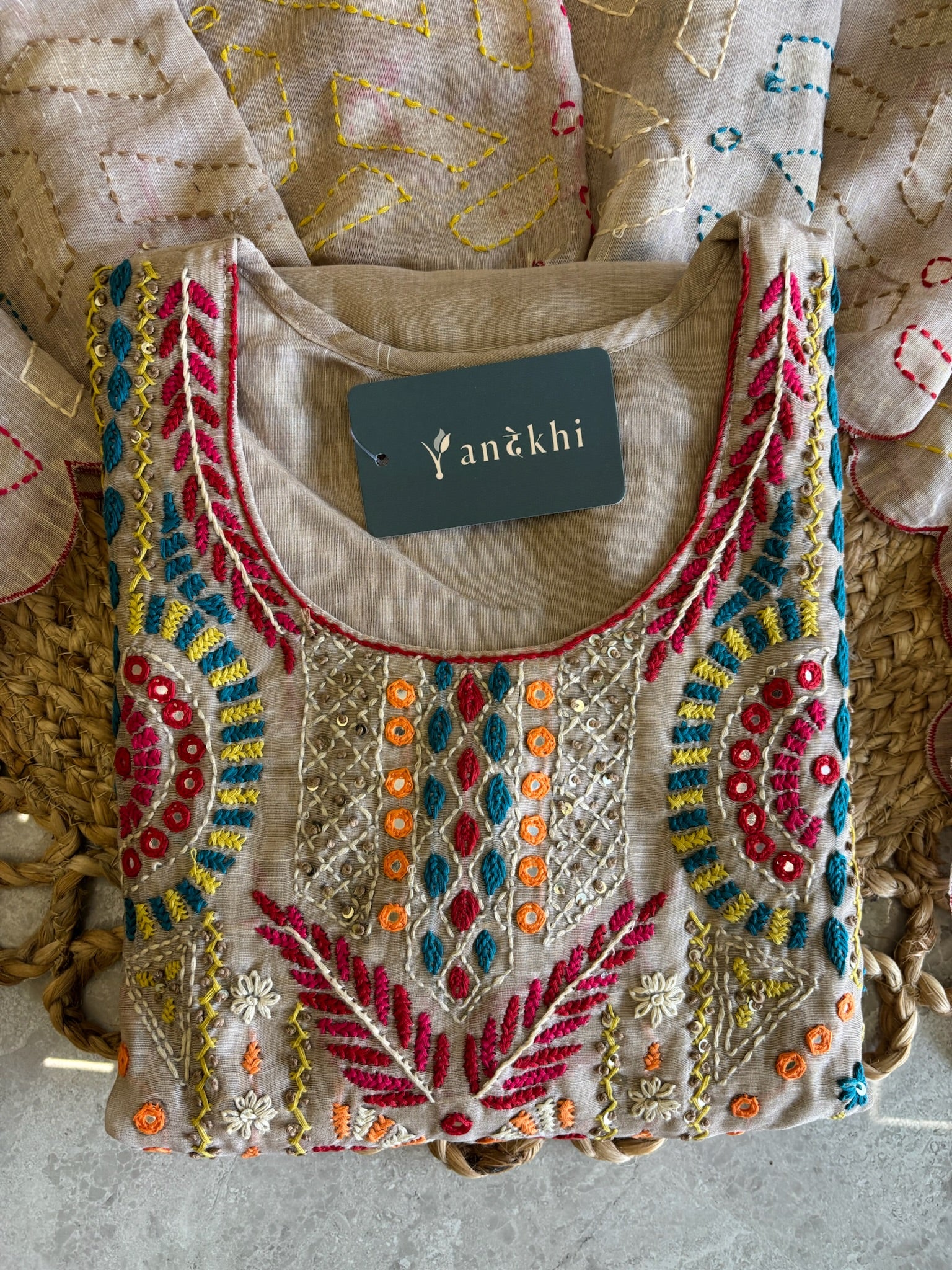 A4163- Linen suit with multicolour embroidery, detailed dupatta featuring all-over thread work.