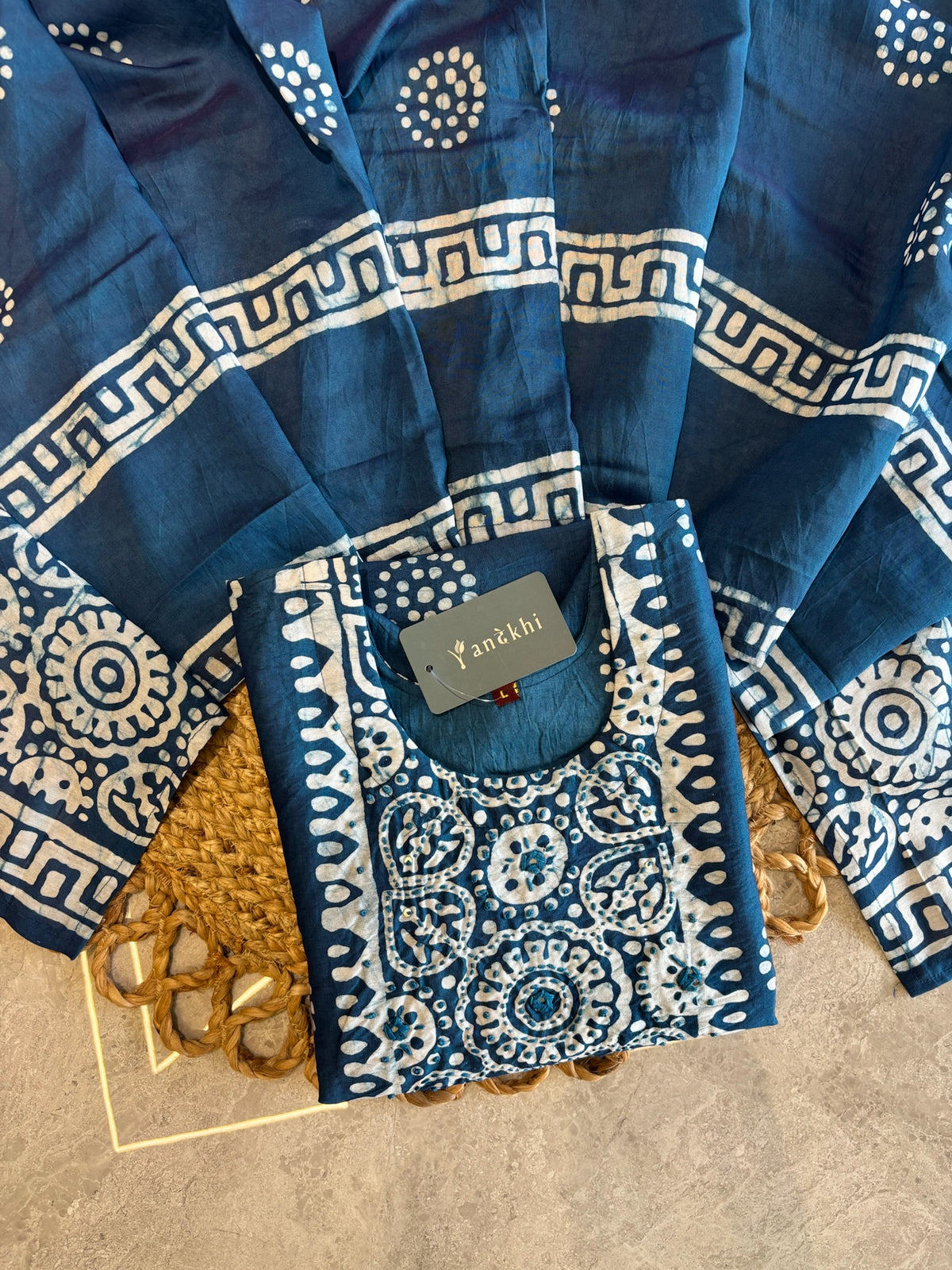 A3903- Hand Block Batik Print Silk Kurti with Pants & Dupatta.
