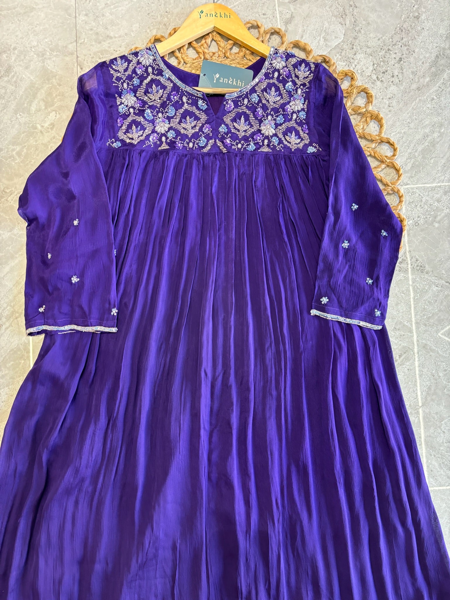 A4146- Pure Chinon Flared Dress with Heavy Handwork yoke, with Matching Pants & Dupatta.