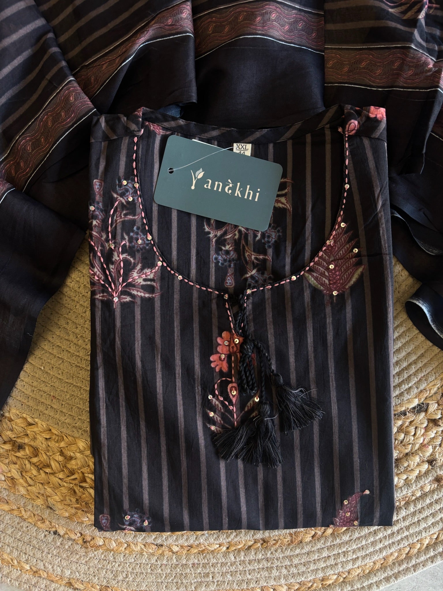 A4019- Pure Cotton A-Line Suit with Elegant Striped Patterns, Delicate Floral Prints, with Pants & Dupatta.