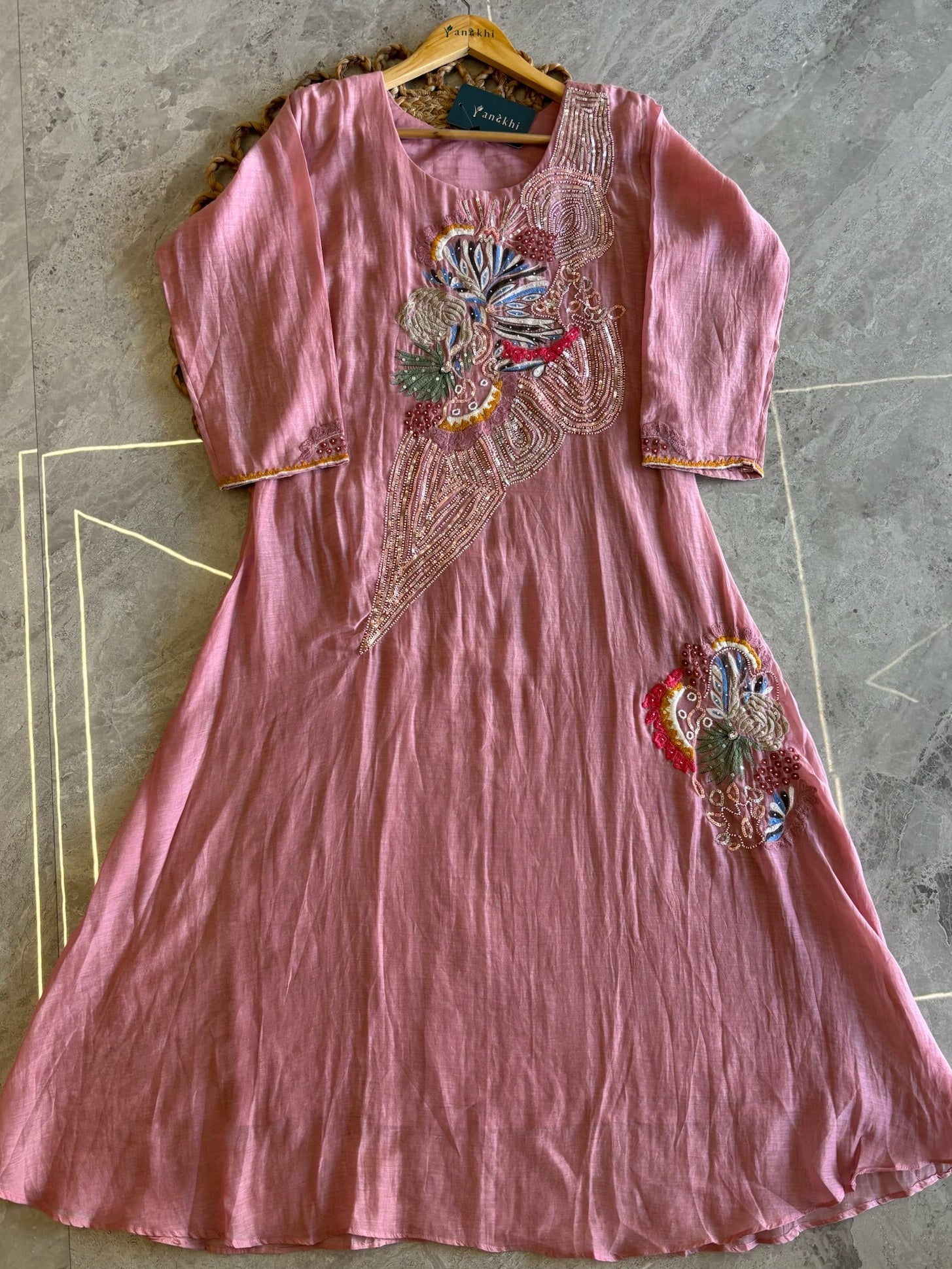 A4144 - Mul Chanderi Kurti with Heavy Handwork, paired with Pants & Dupatta.