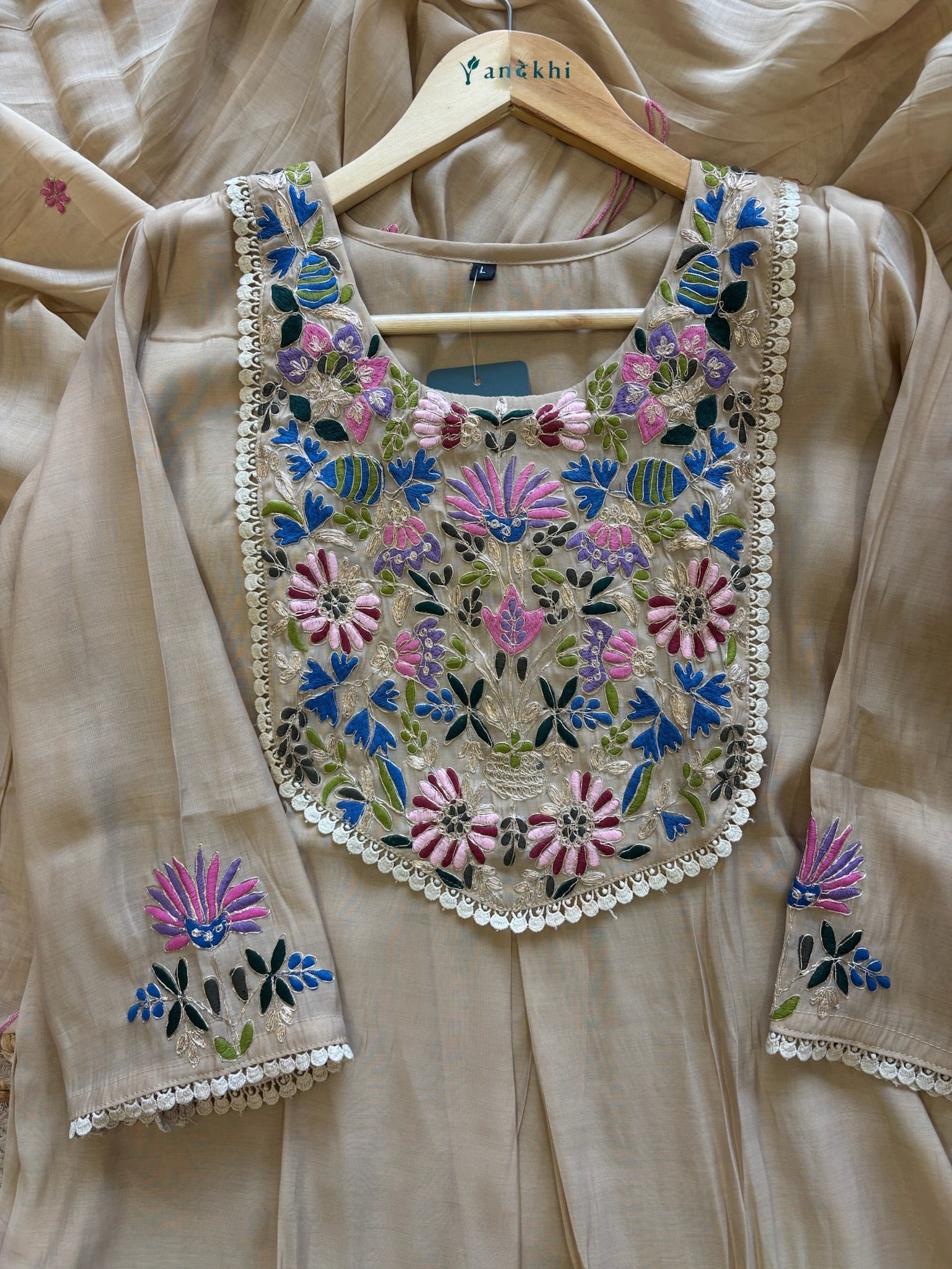A1643 - Mul Chanderi Kurti, featuring Vibrant Embroidered yoke detailing, a flowy Dupatta & Pants.