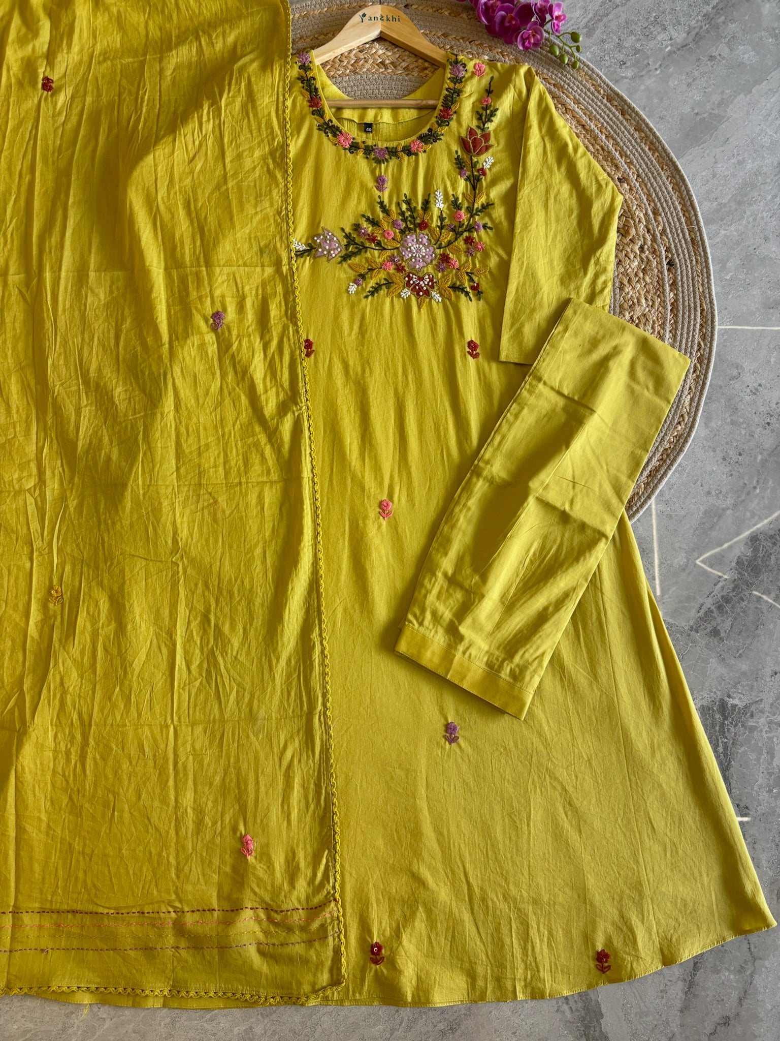 A5075- LimePure Cotton A-lign Suit with Katha work, paired with pants & Dupatta.