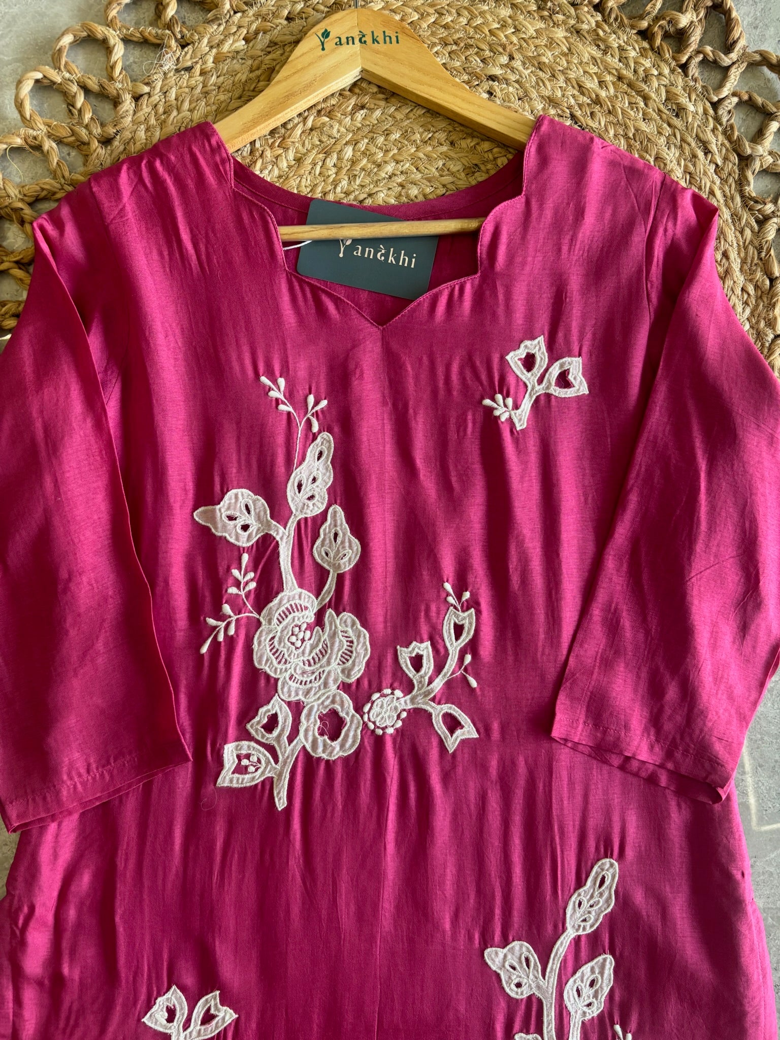 A1581- Dola Silk Kurti with Appliqué work, Pants & Dupatta with Scalloped edging.