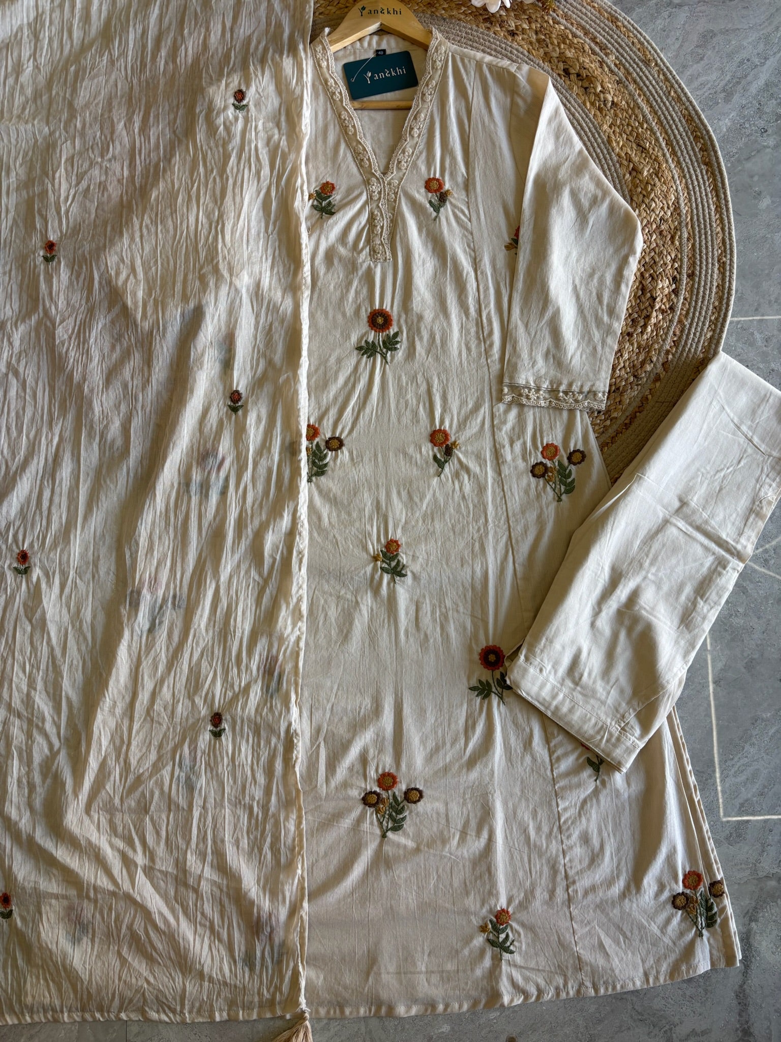 A4052- Pure Cotton Suit Adorned with Delicate Floral Embroidery, paired with Pants & Mul Cotton Dupatta.