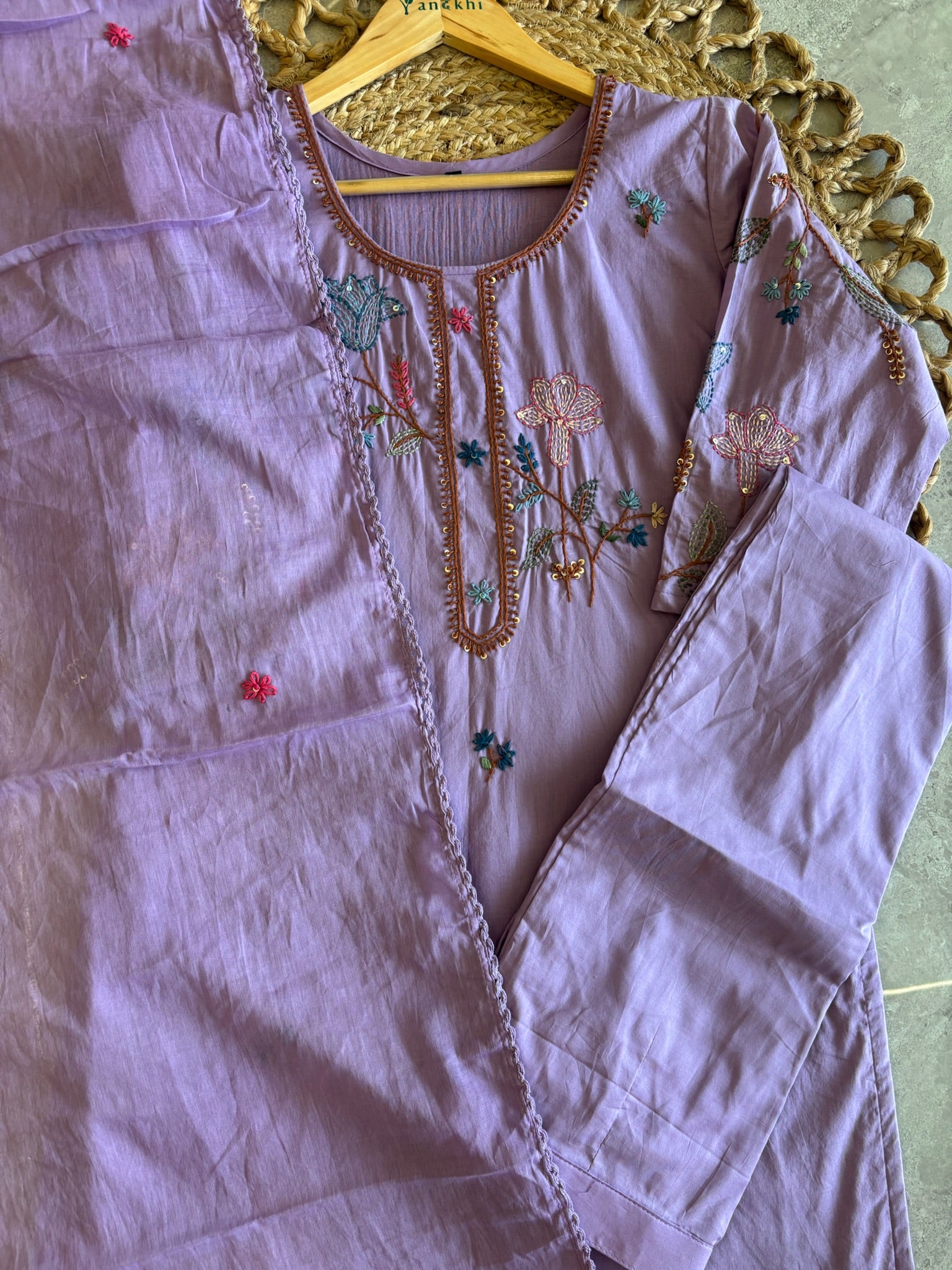 A3895 - Mul Cotton Kurti with Katha Embroidery, paired with pants & dupatta.