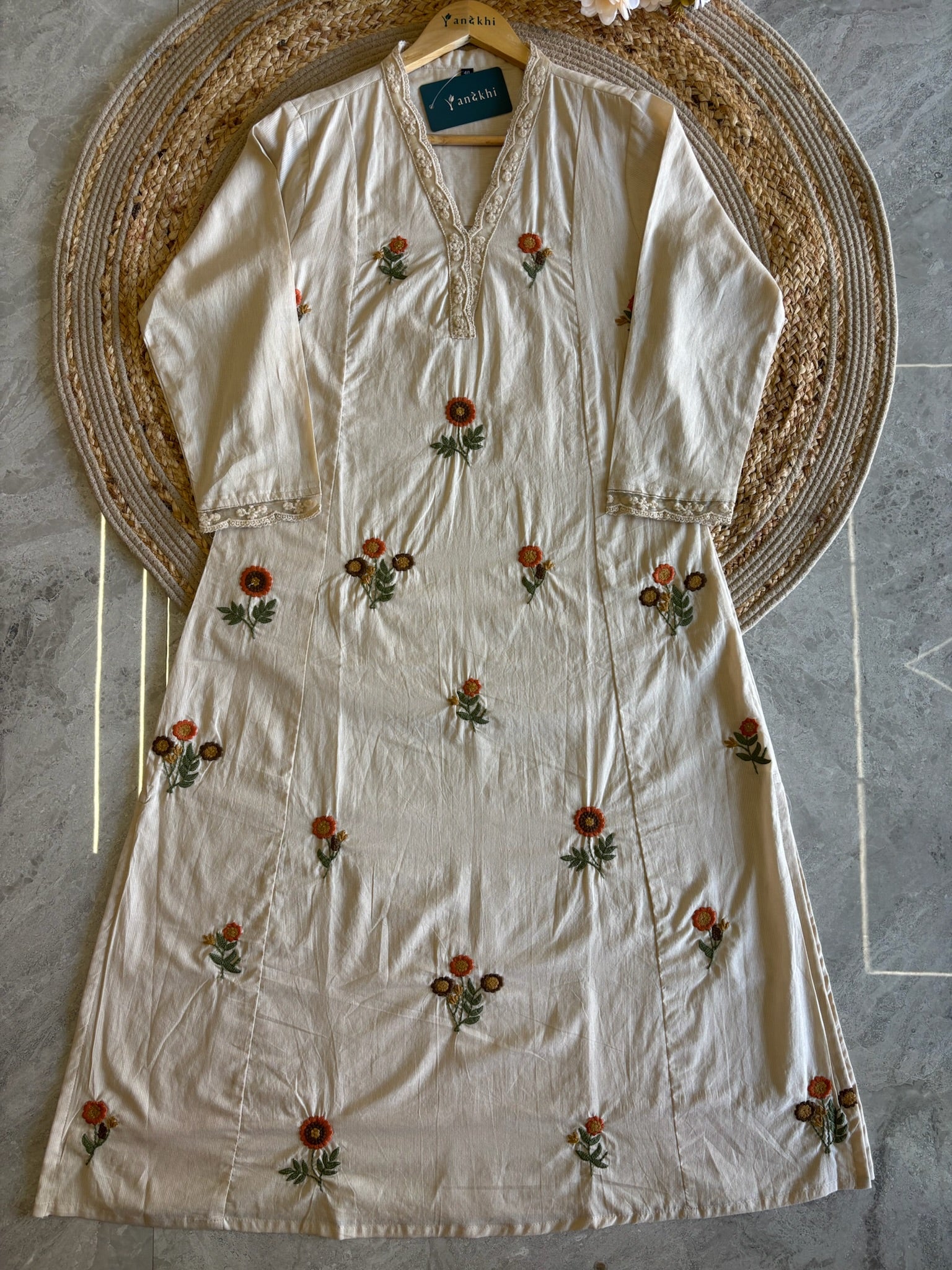 A4052- Pure Cotton Suit Adorned with Delicate Floral Embroidery, paired with Pants & Mul Cotton Dupatta.
