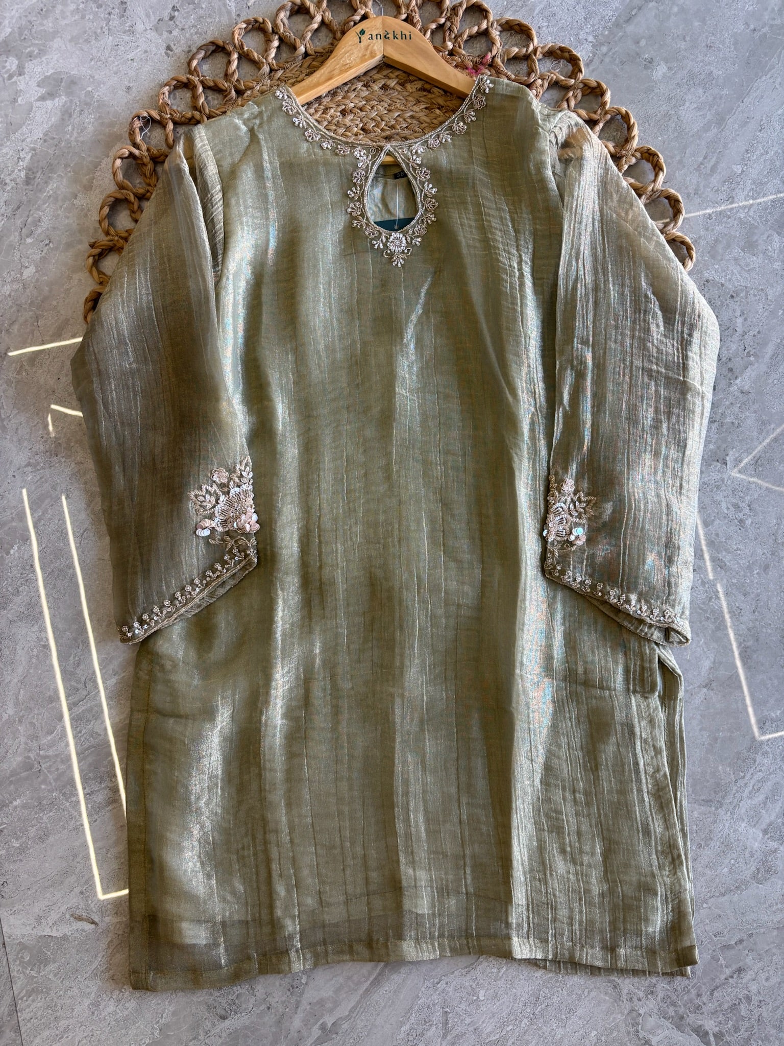 A4140 - Crush Glass Tissue  Handwork Short Kurti with Divider Pants & Dupatta.