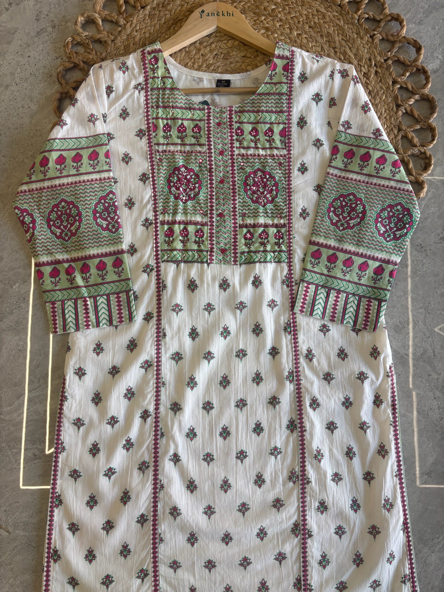 A3896 - Pure Cotton Suit Set with Floral Block Print & Mul Mul Dupatta