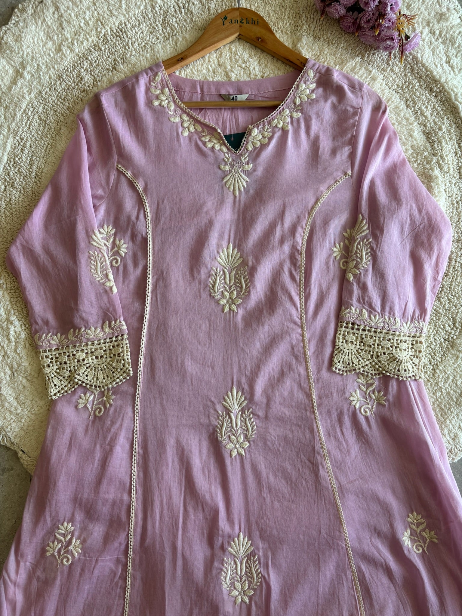 A3936- Mul Cotton Suit with delicate Embroidery & Cochet lace detailing paired with Pants & soft Dupatta.
