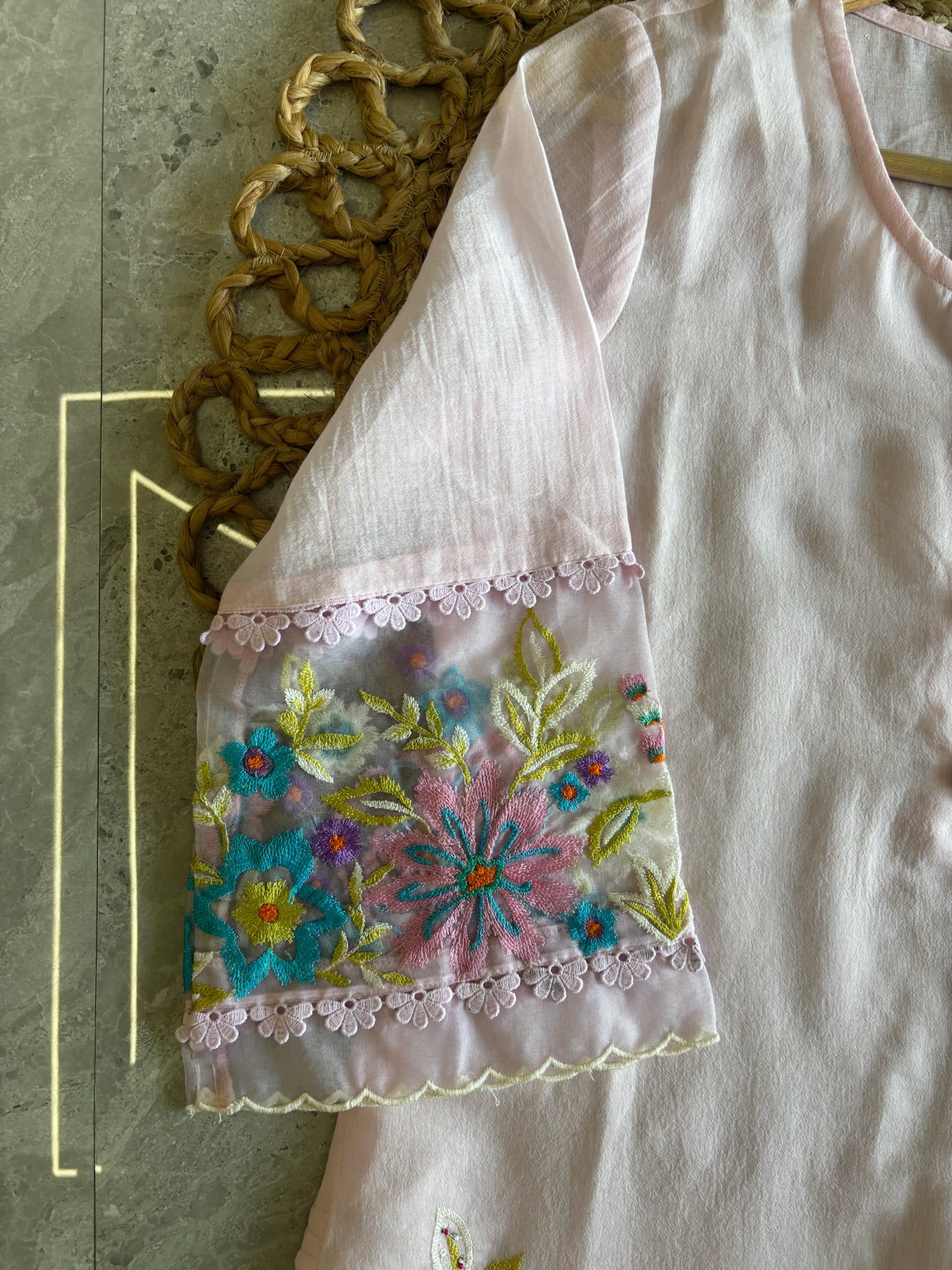 A4162- Linen Co-Ord Set with Vibrant Multi Colour Embroidery & delicate Lace Detailing.