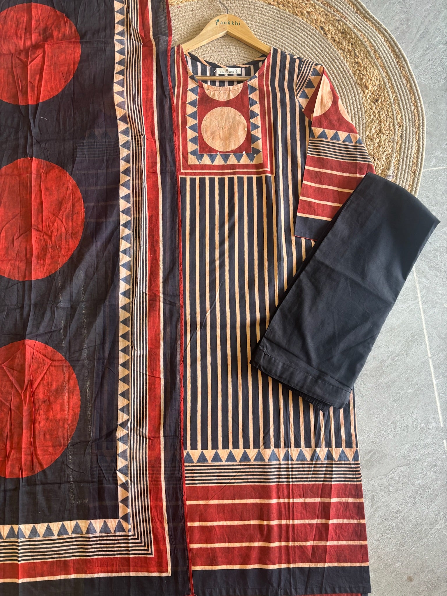 A4032- Pure Cotton Suit featuring Bold Geometric Stripes, Circular Motifs, matching Pants & Dupatta.