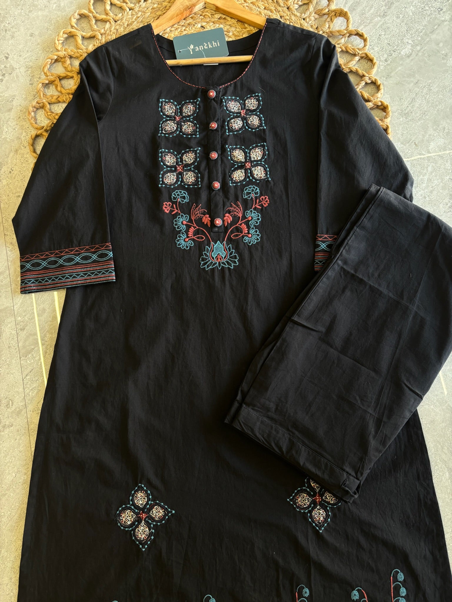 A4035 - Black Embroidered Suit set with a Statement Patchwork Printed Dupatta.