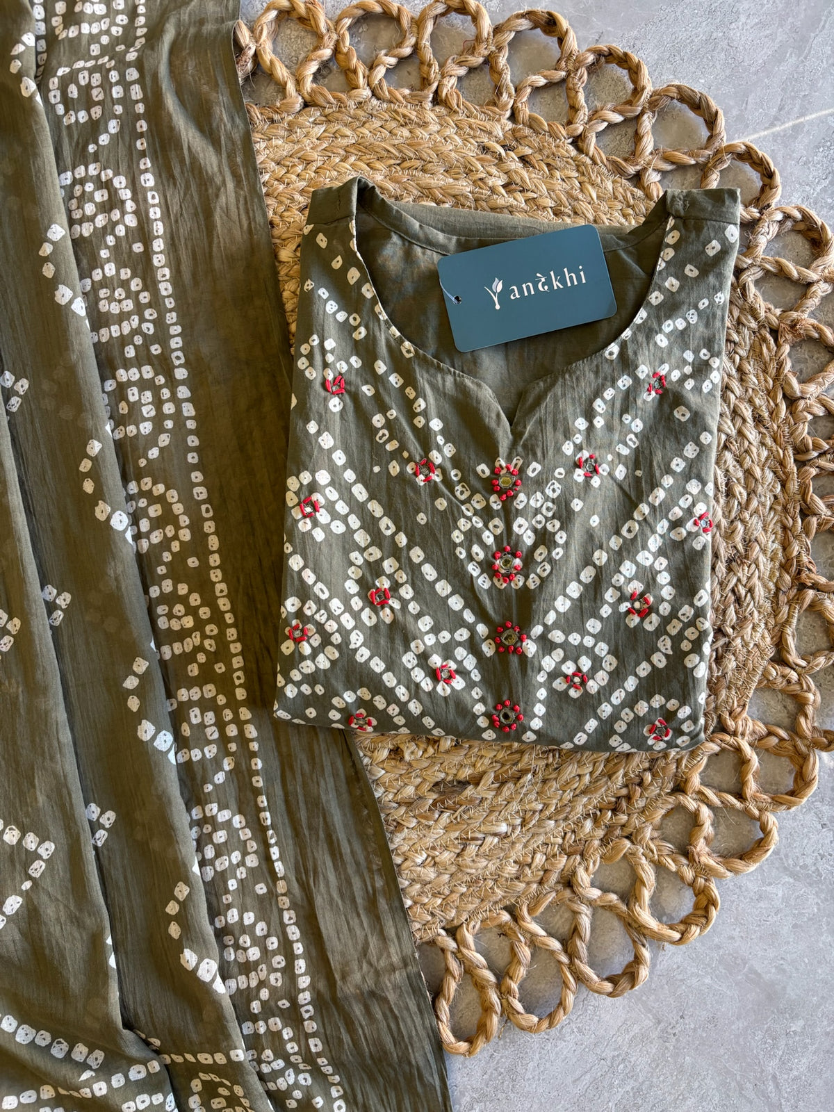 A3941- Pure Cotton Bandhani Suit With Knot-Detailed Yoke, Pants & Printed Dupatta.