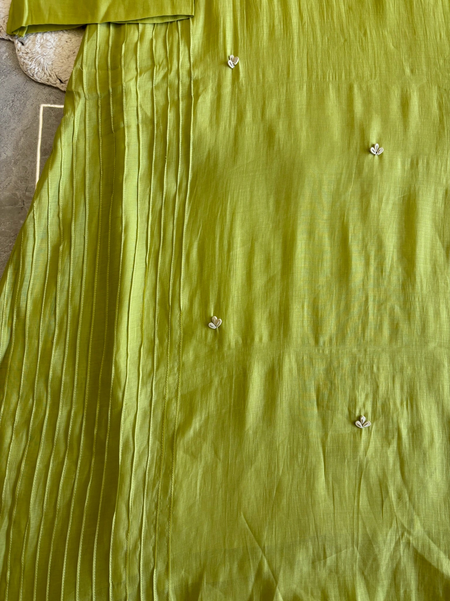 A1664 -Pure Mul Chanderi A-Line Suit featuring 3D Floral Handwork on the Neckline, paired with Pants & Organza Dupatta.