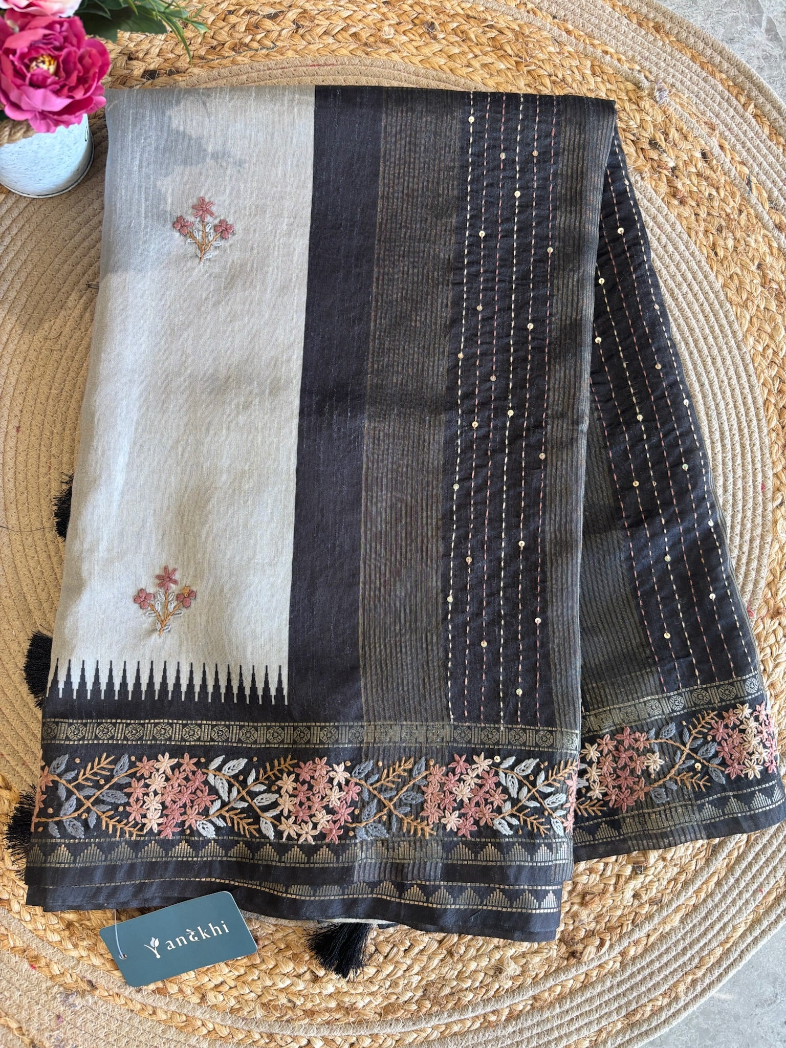 A1649 - Grey & Black Tussar Silk Saree with Floral Kantha Embroidery.