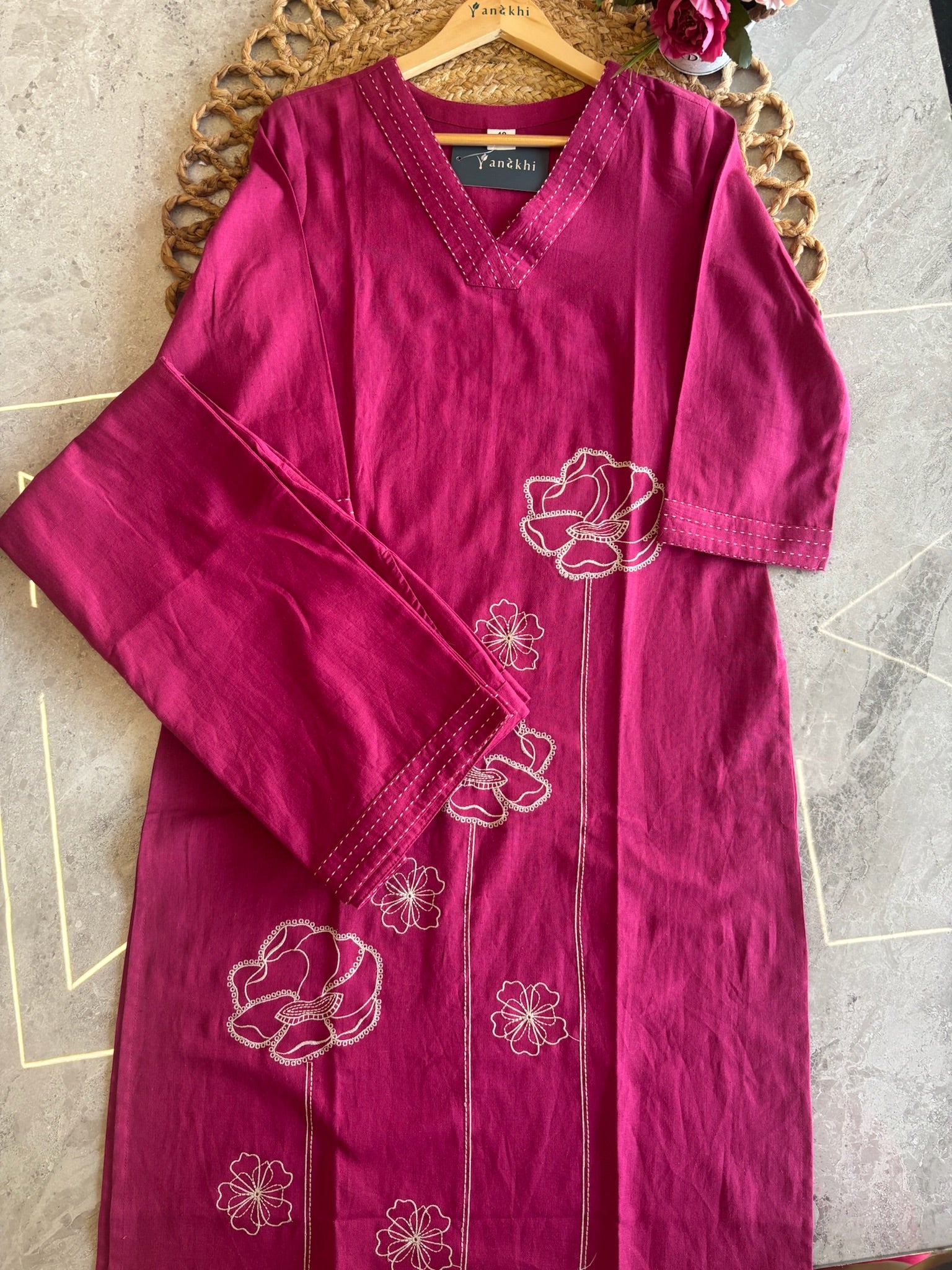 A2813 - Khadi Cotton Kurti & Pant Set with Contrast Thread Detailing