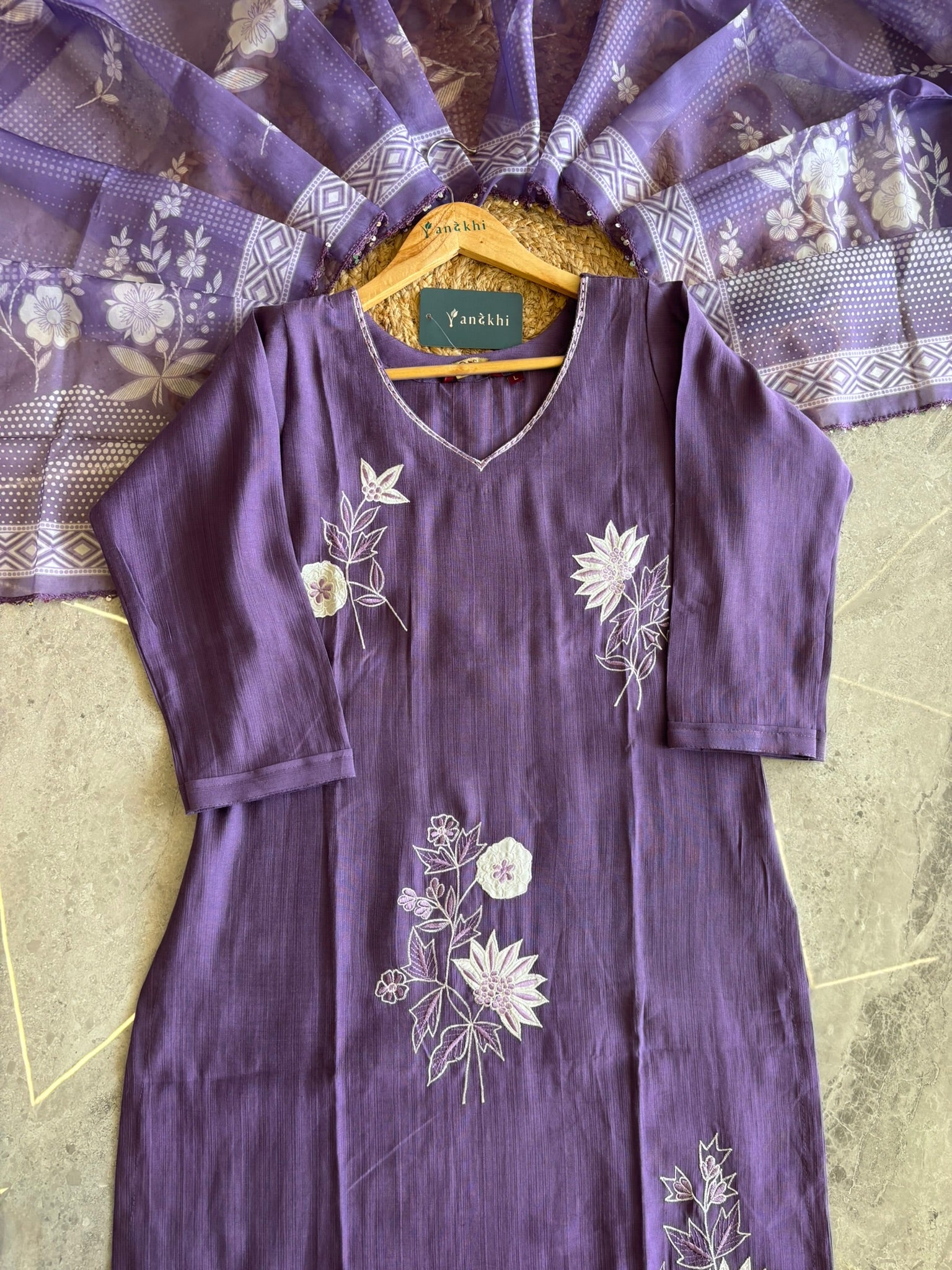 A2714 - Rayon Kurta Set with delicate Patchwork, Hand Embroidery & Printed Organza Dupatta