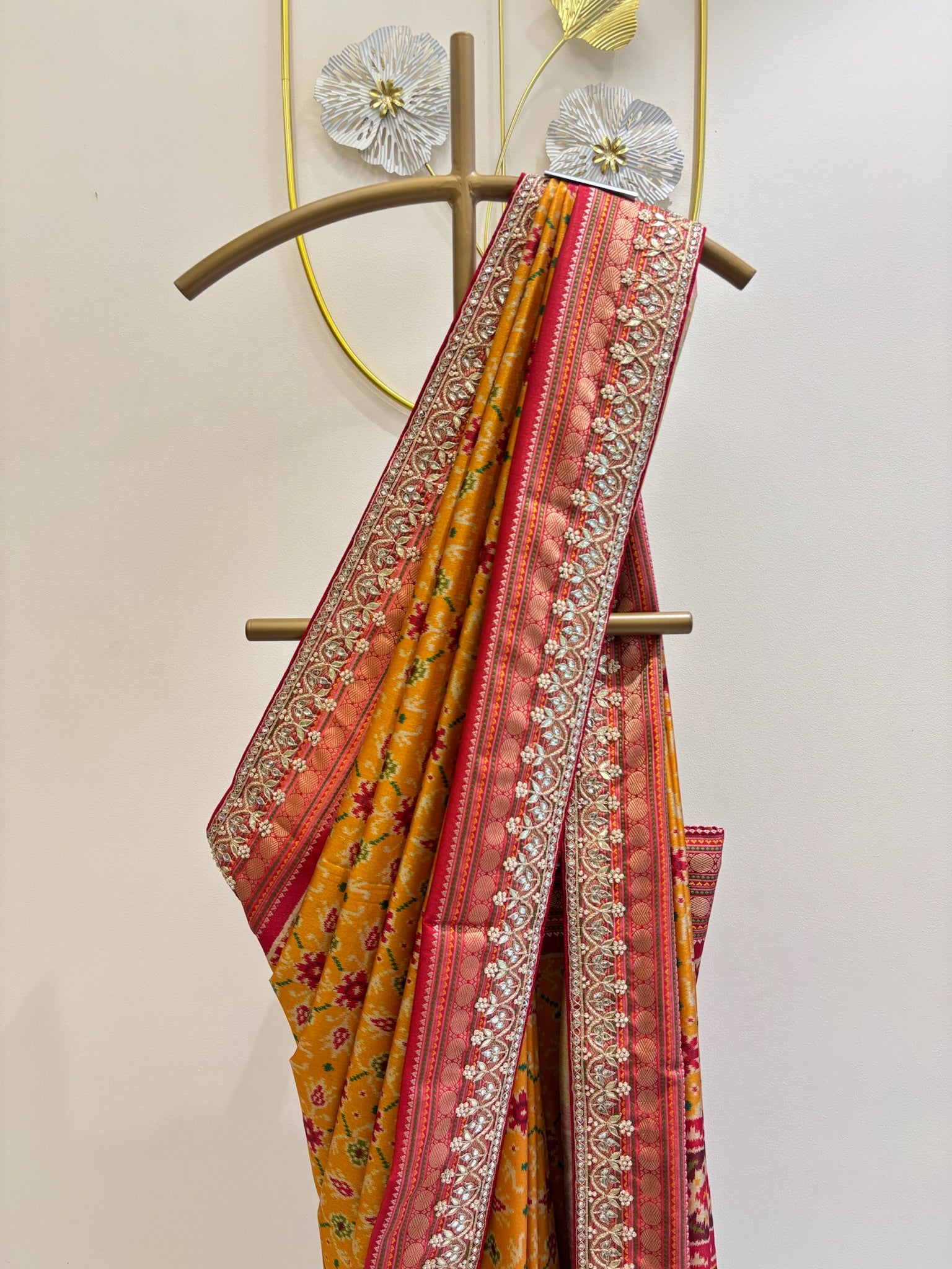 A4072- Patola Print Saree with Gota Handwork Border in Silk Fabric.