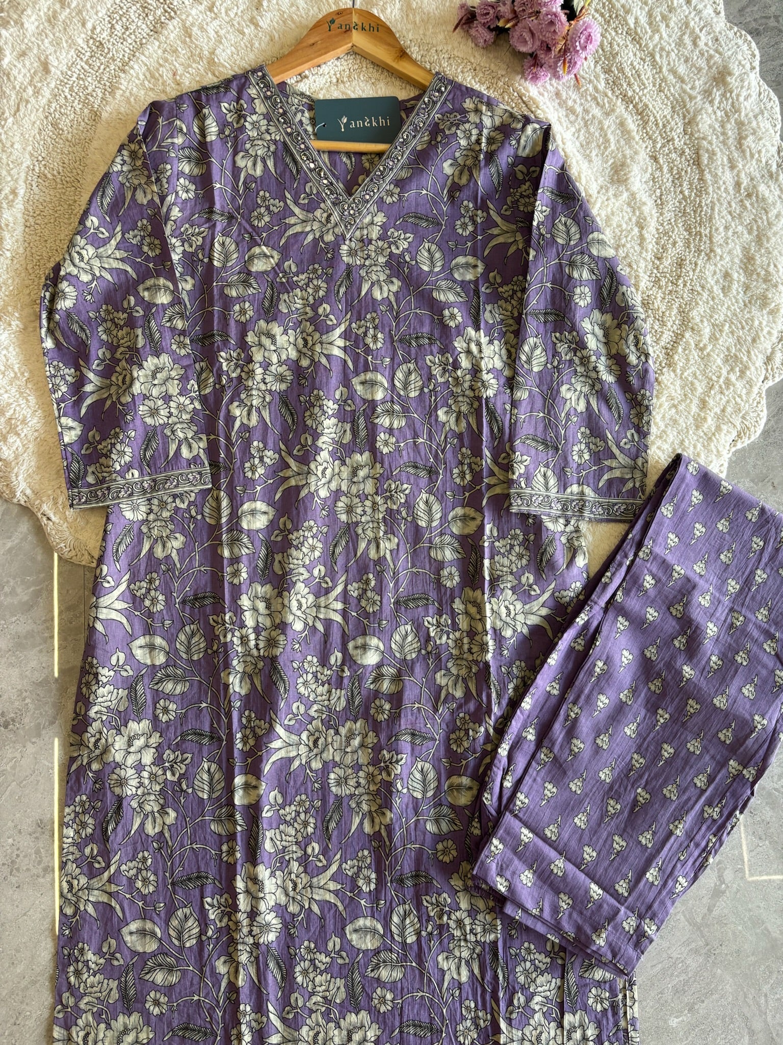 A4022- Pure Cotton Suit with Floral Prints, Paired Pants & Kota Doriya Dupatta.