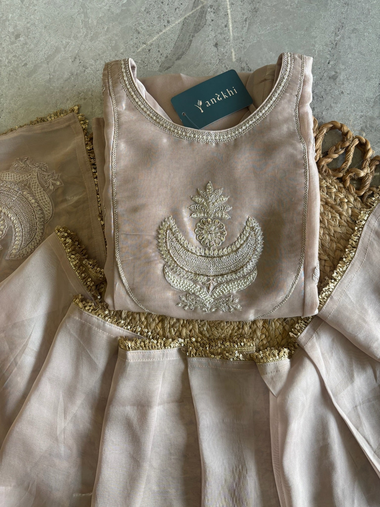 A4152- Tissue Silk Zari Anarkali Set with Zari Embroidery on the yoke & Booti all over, with Pants & Dupatta