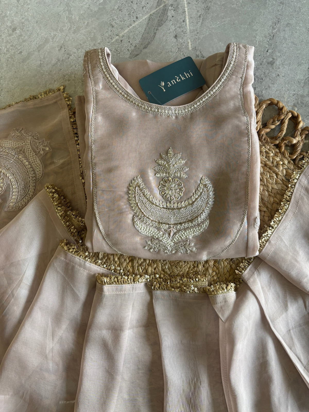 A4152- Tissue Silk Zari Anarkali Set with Zari Embroidery on the yoke & Booti all over, with Pants & Dupatta
