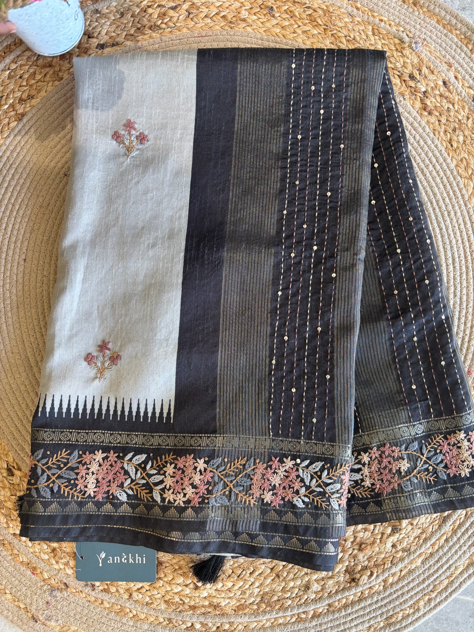 A1649 - Grey & Black Tussar Silk Saree with Floral Kantha Embroidery.