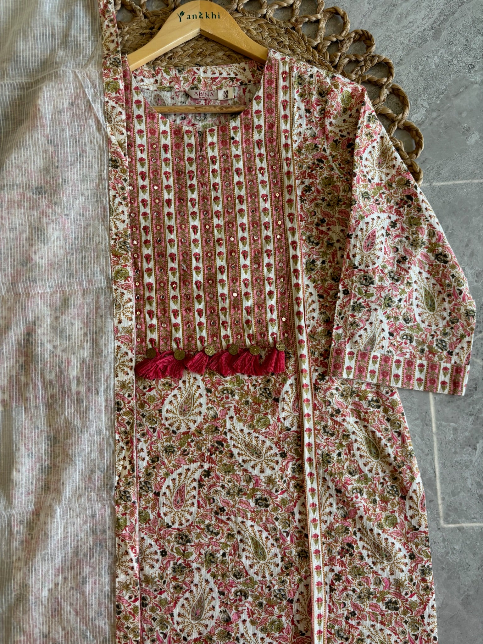 A4047- Pure Cotton Suit with Mirror & Tassel details, Pants & Contrast Kota Doriya Dupatta