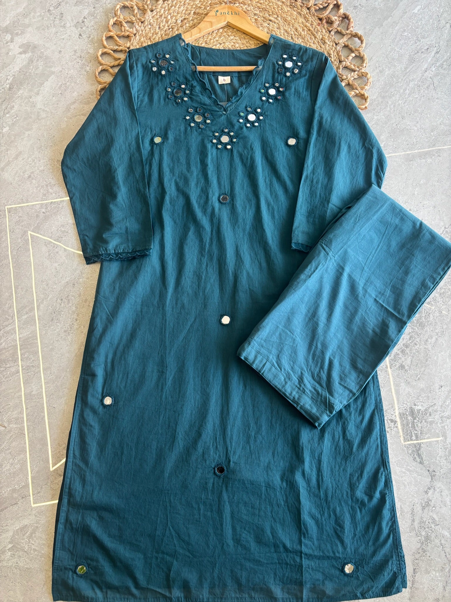 A4056 - Pure Cotton Kurti with Delicate Mirror Work on the Neckline, Mul Mul Dupatta & Pants.