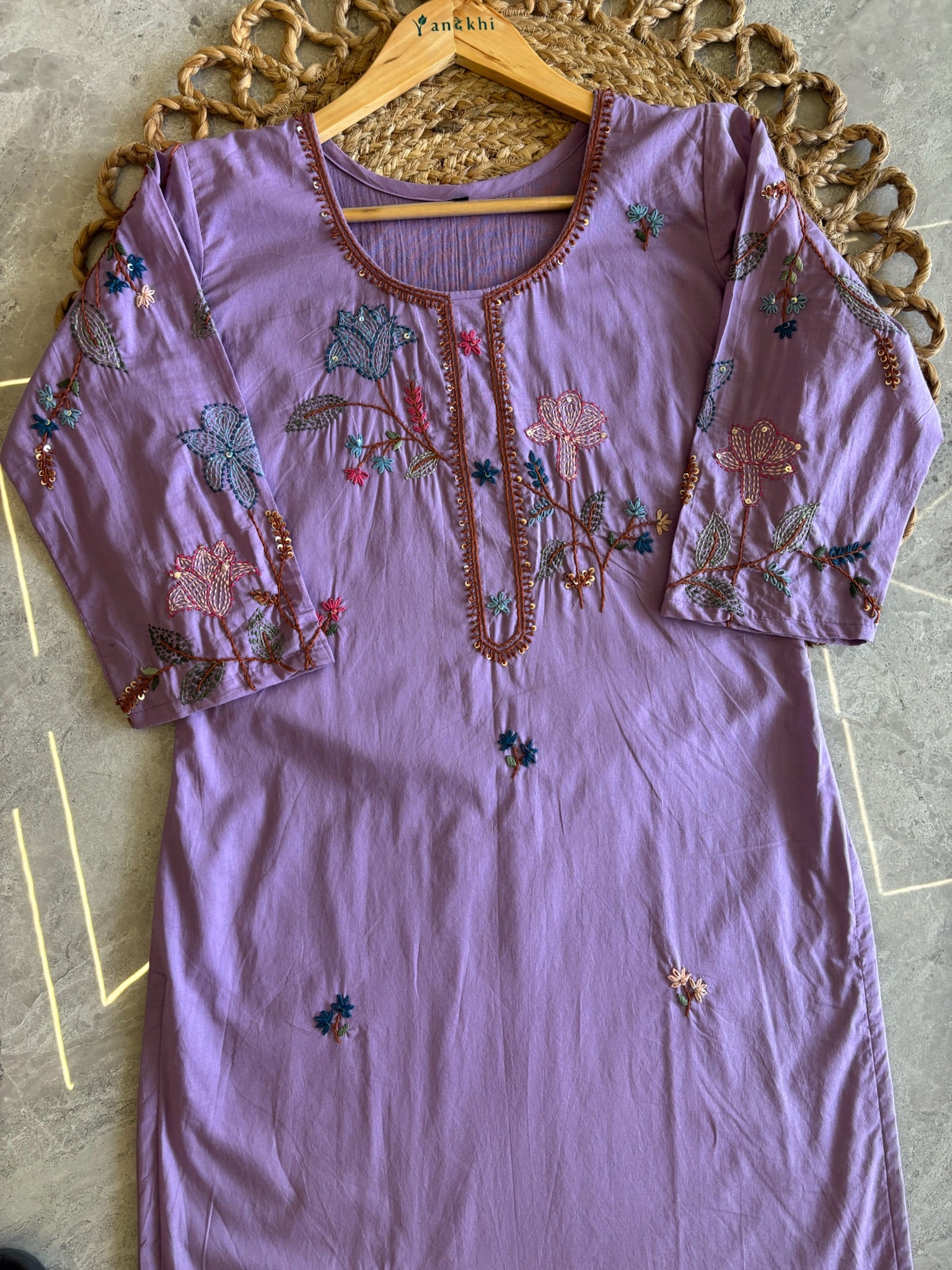 A3895 - Mul Cotton Kurti with Katha Embroidery, paired with pants & dupatta.