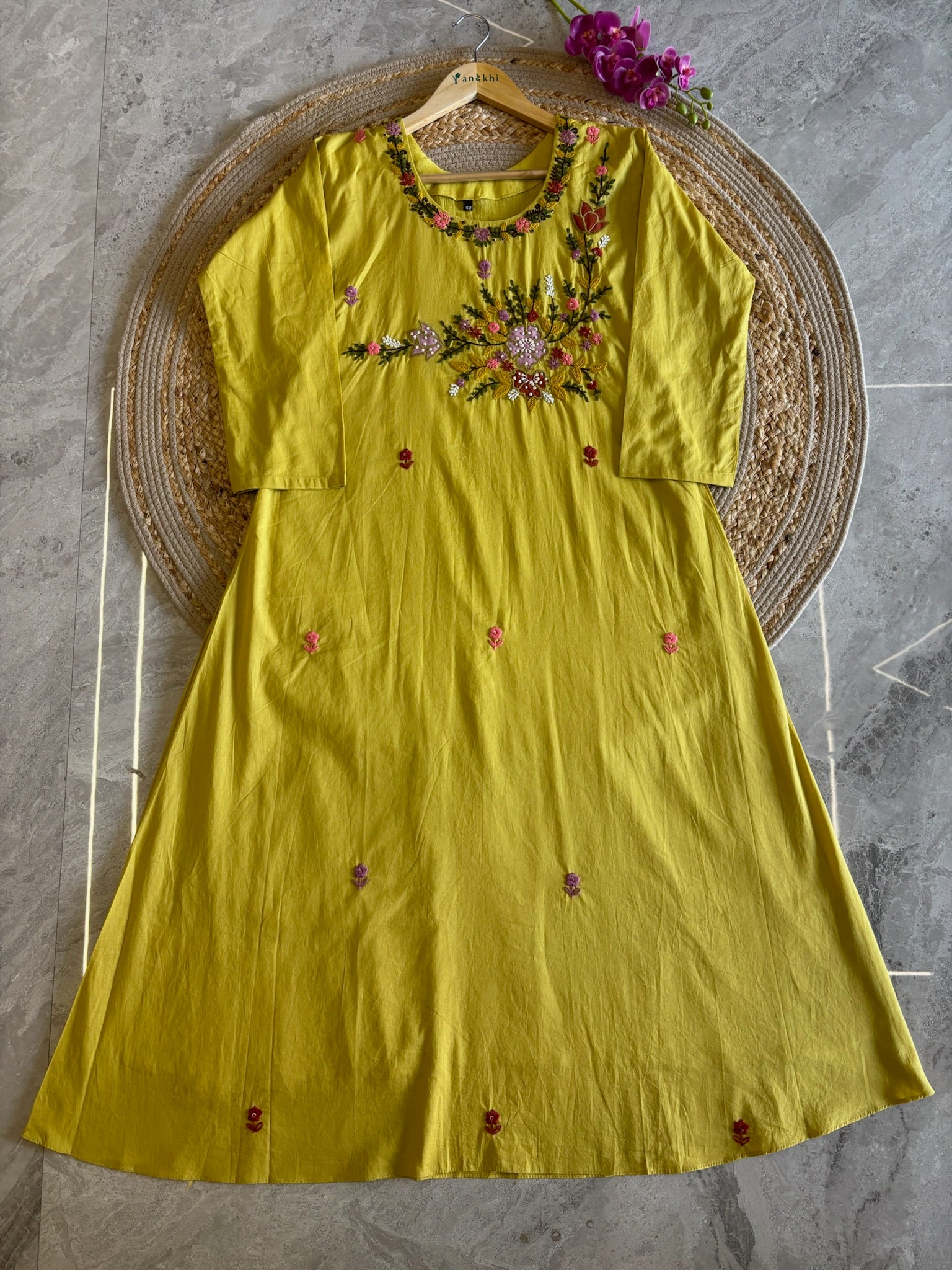 A5075- LimePure Cotton A-lign Suit with Katha work, paired with pants & Dupatta.